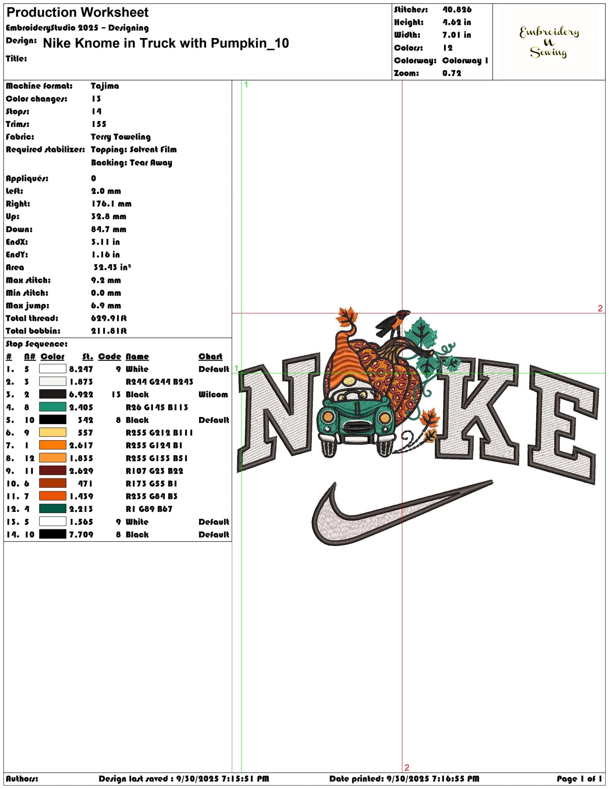 Nike Gnome in Truck with Pumpkin - Elegant embroidery design file - instant download — view 3