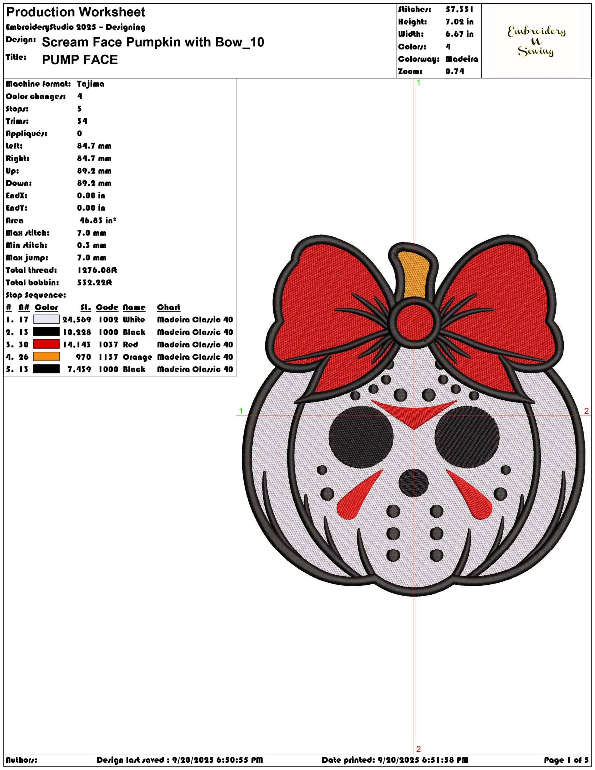 Scream Face Pumpkin with Bow - Elegant embroidery design file - instant download — view 3