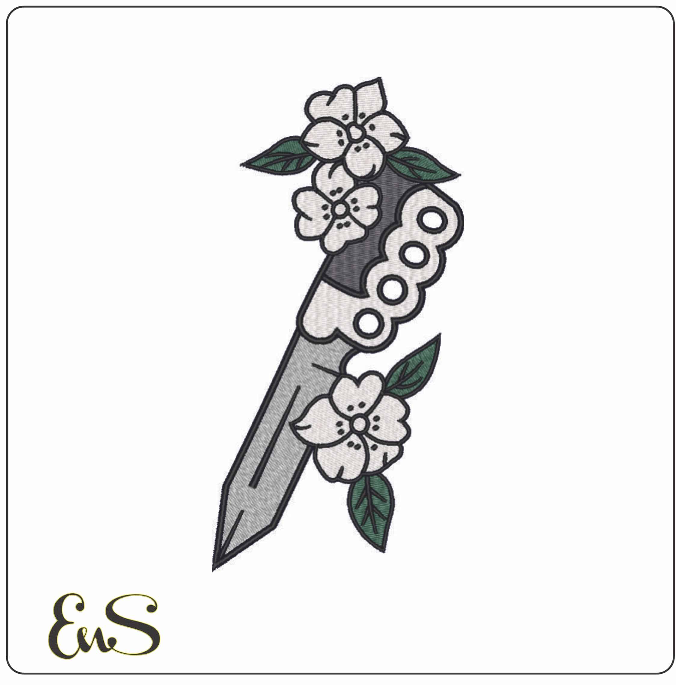 Dagger Knuckle Dusters and Flowers - Elegant embroidery design file - instant download