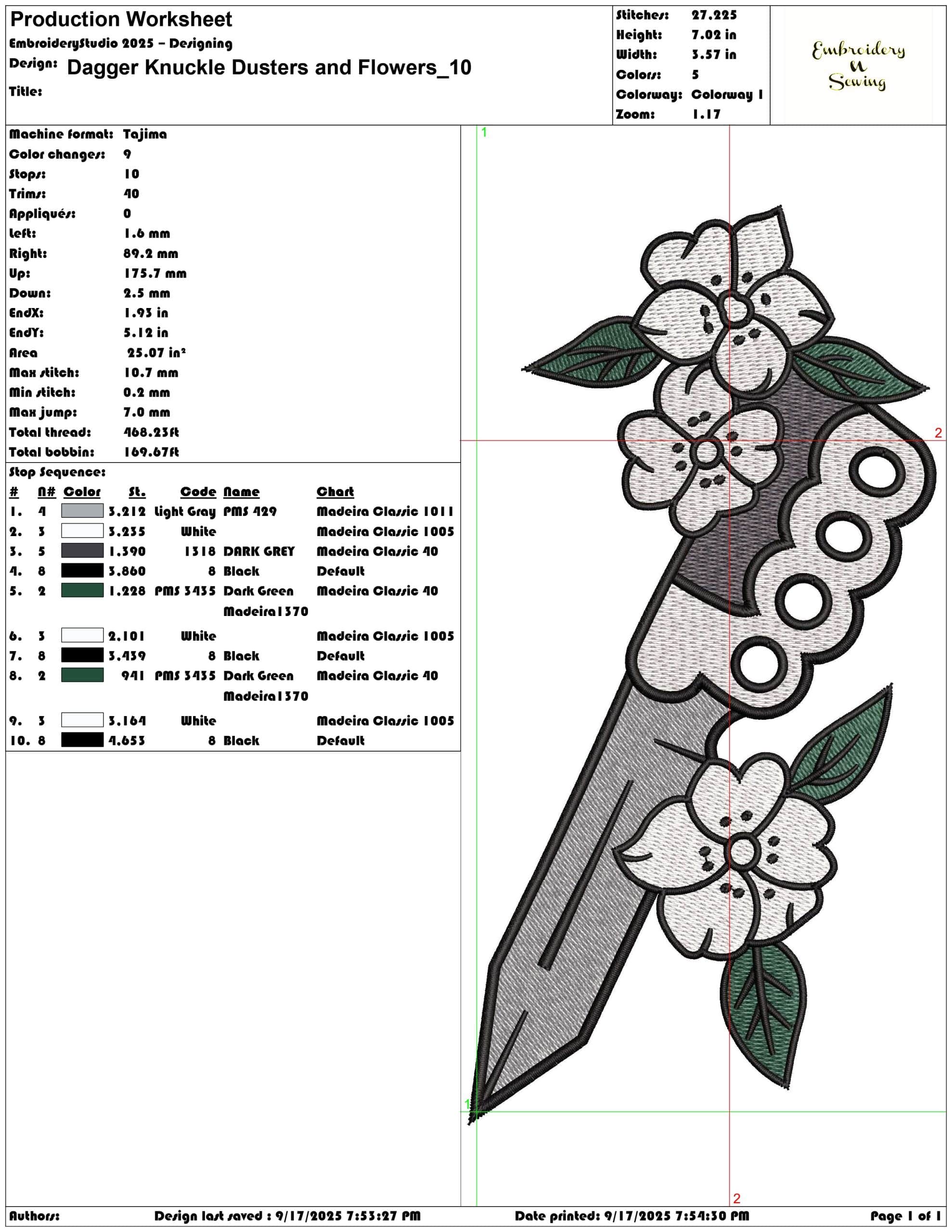 Dagger Knuckle Dusters and Flowers - Elegant embroidery design file - instant download — view 3