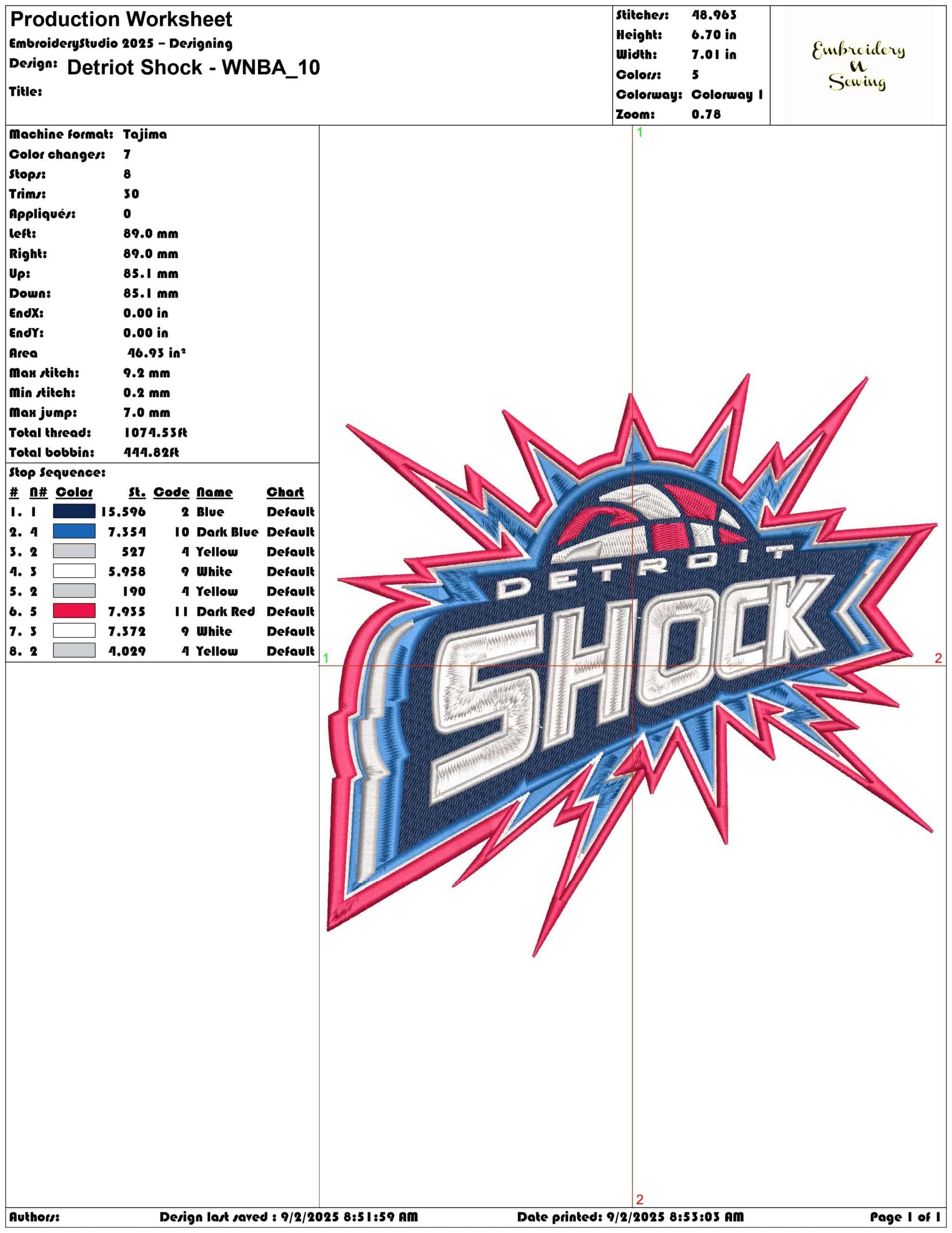 Detriot Shock - WNBA - Elegant embroidery design file - instant download — view 3