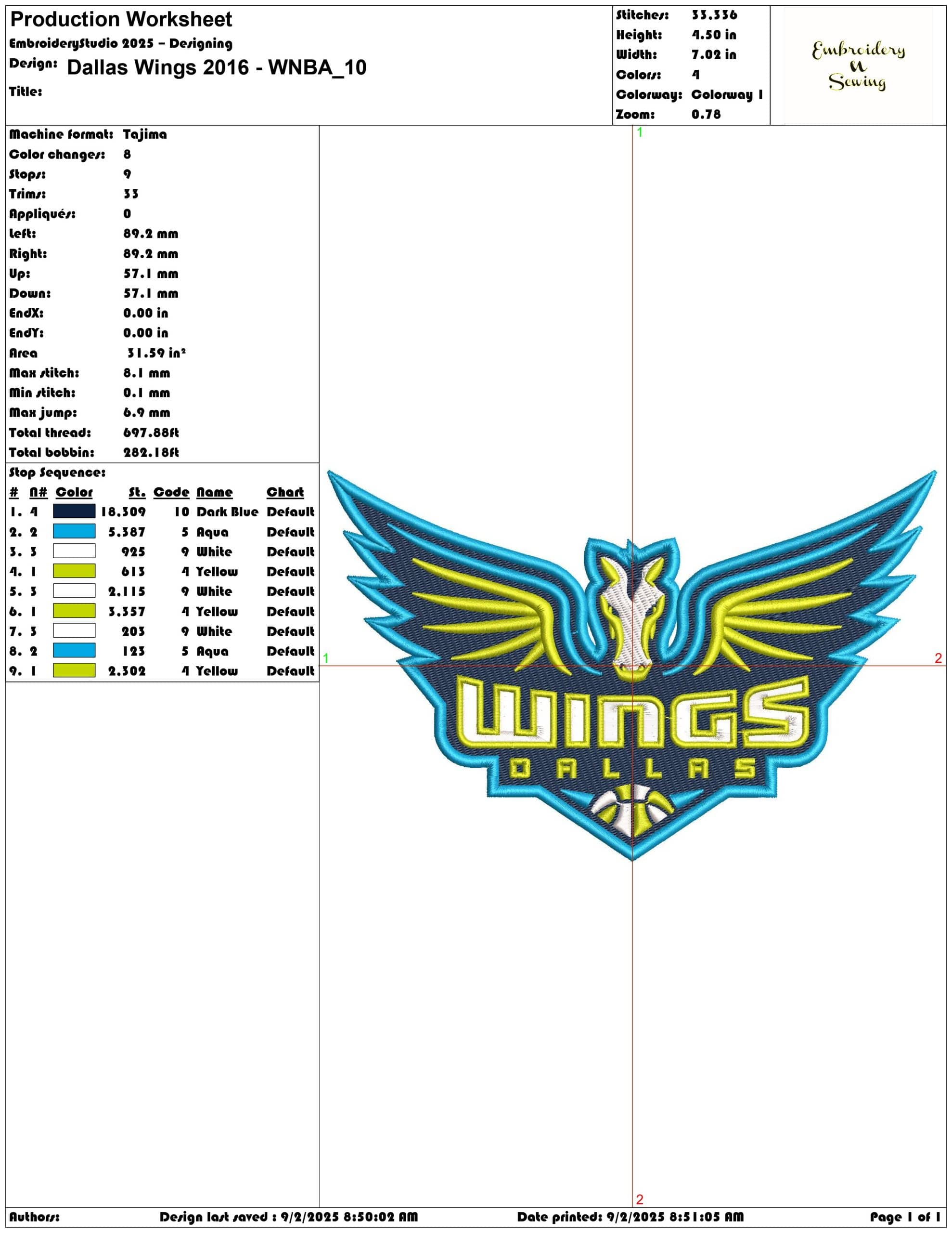 Dallas Wings 2016 - WNBA- Elegant embroidery design file - instant download — view 3
