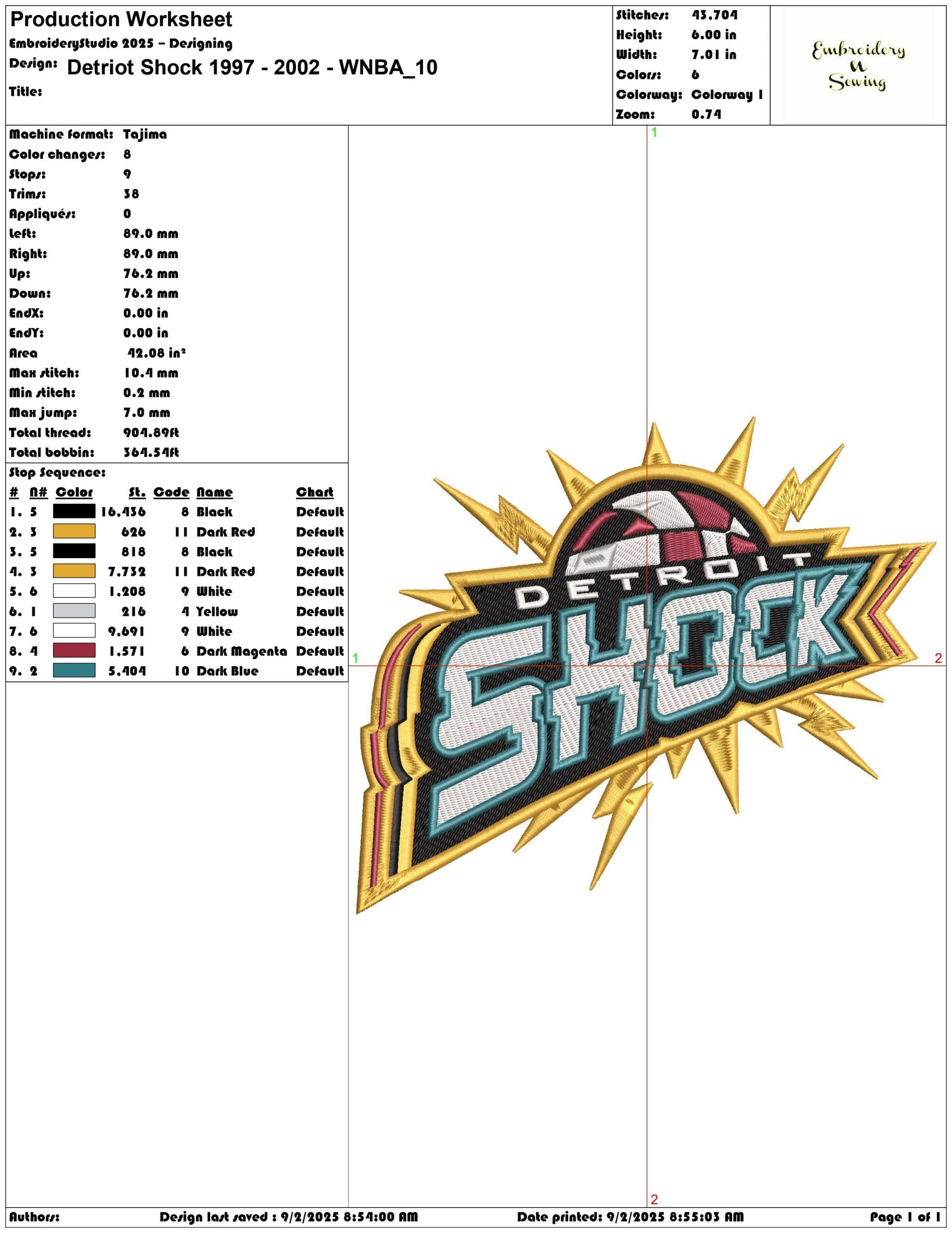 Detriot Shock 1997 - 2002 - WNBA- Elegant embroidery design file - instant download — view 3
