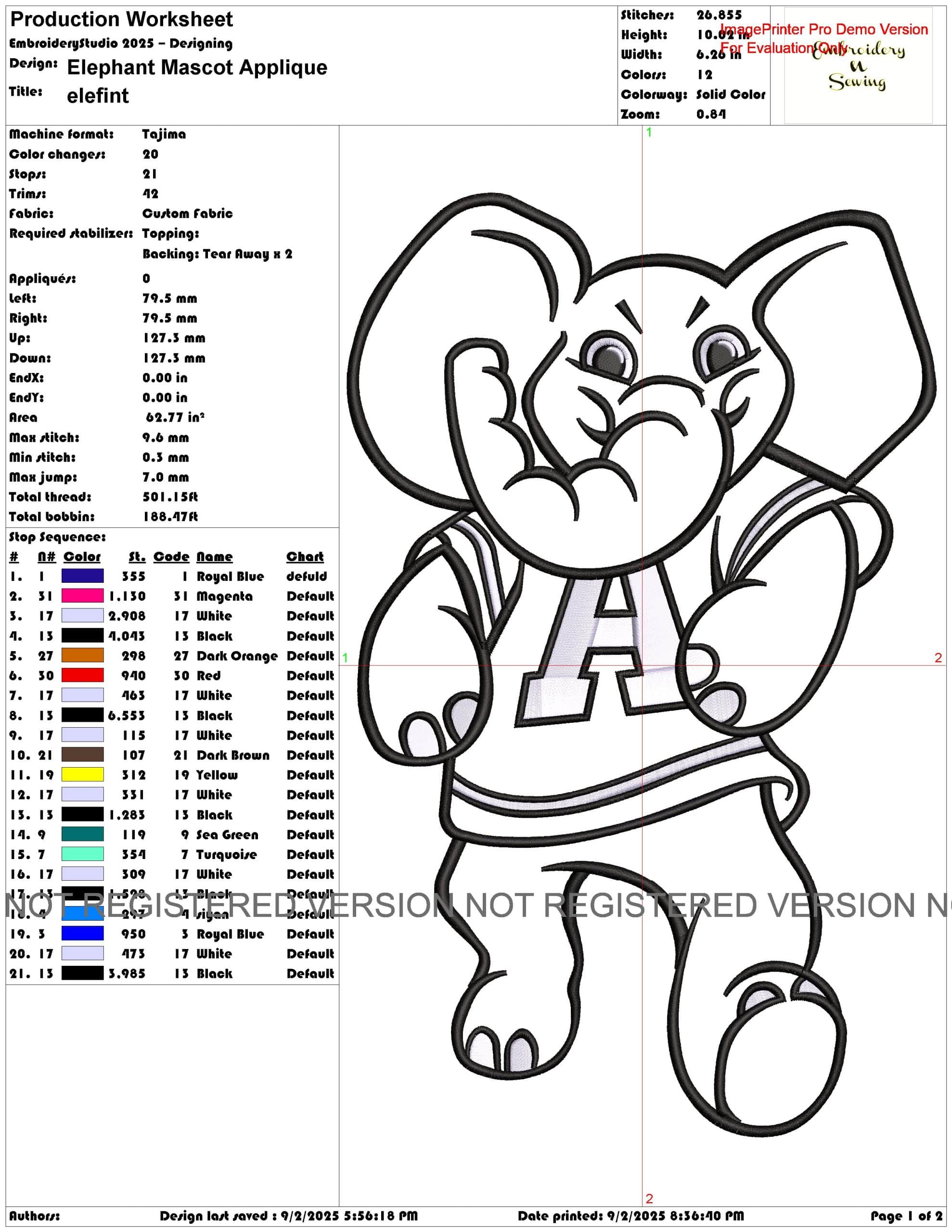 Elephant Mascot Applique- Elegant embroidery design file - instant download — view 3