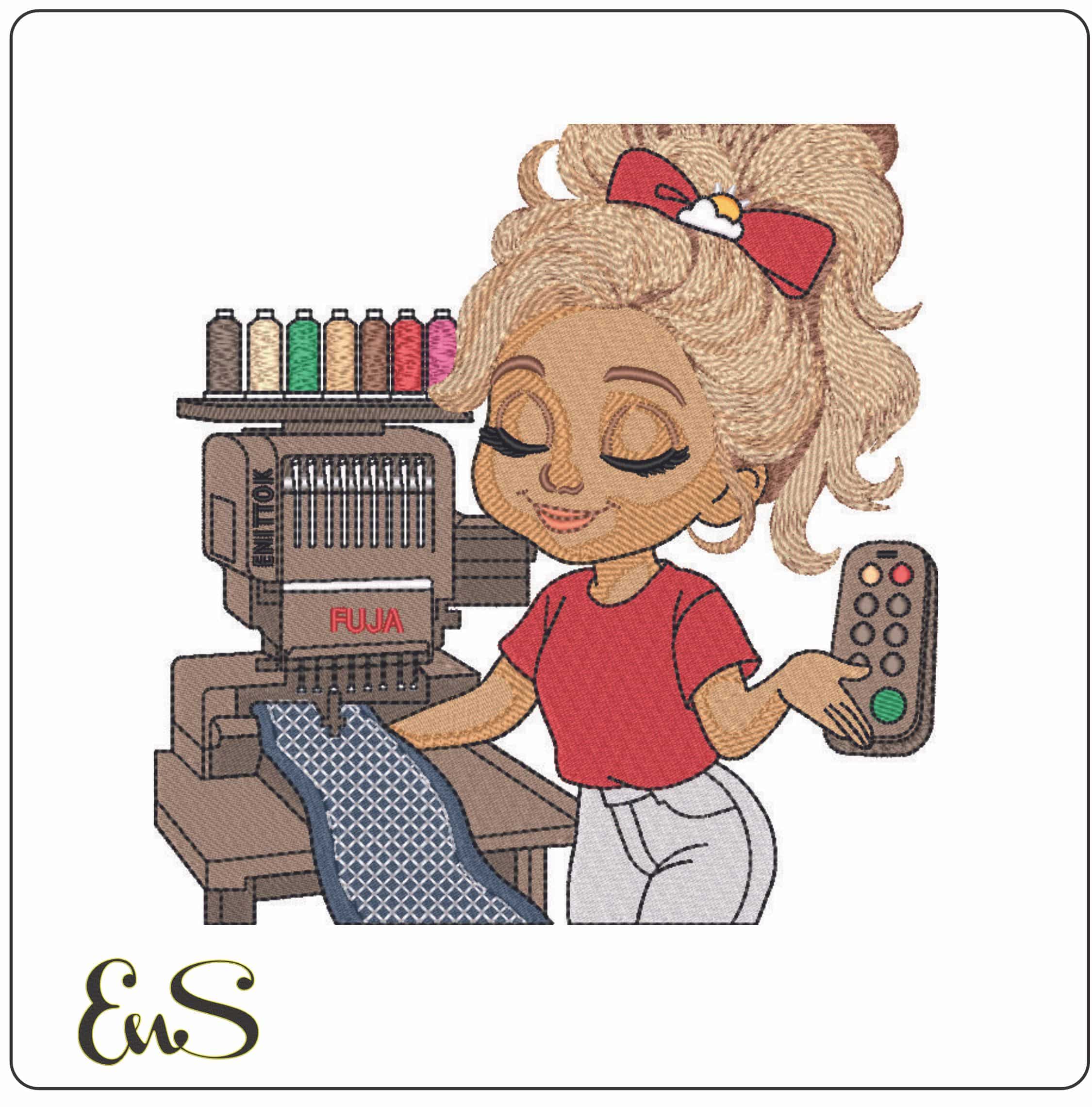 Embroidery Machine with Lady- Elegant embroidery design file - instant download