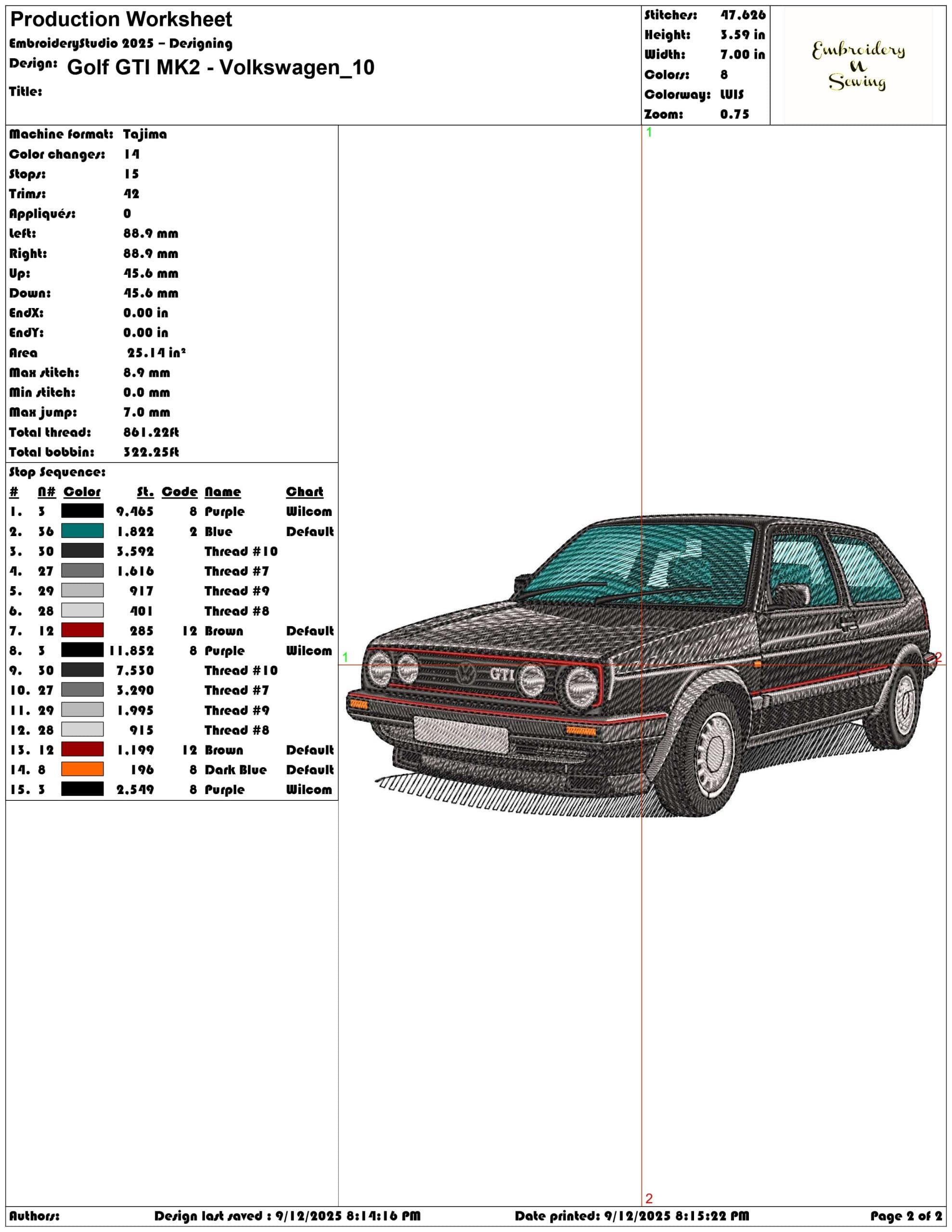 Golf GTI MK2 - Volkswagen- Elegant embroidery design file - instant download — view 3