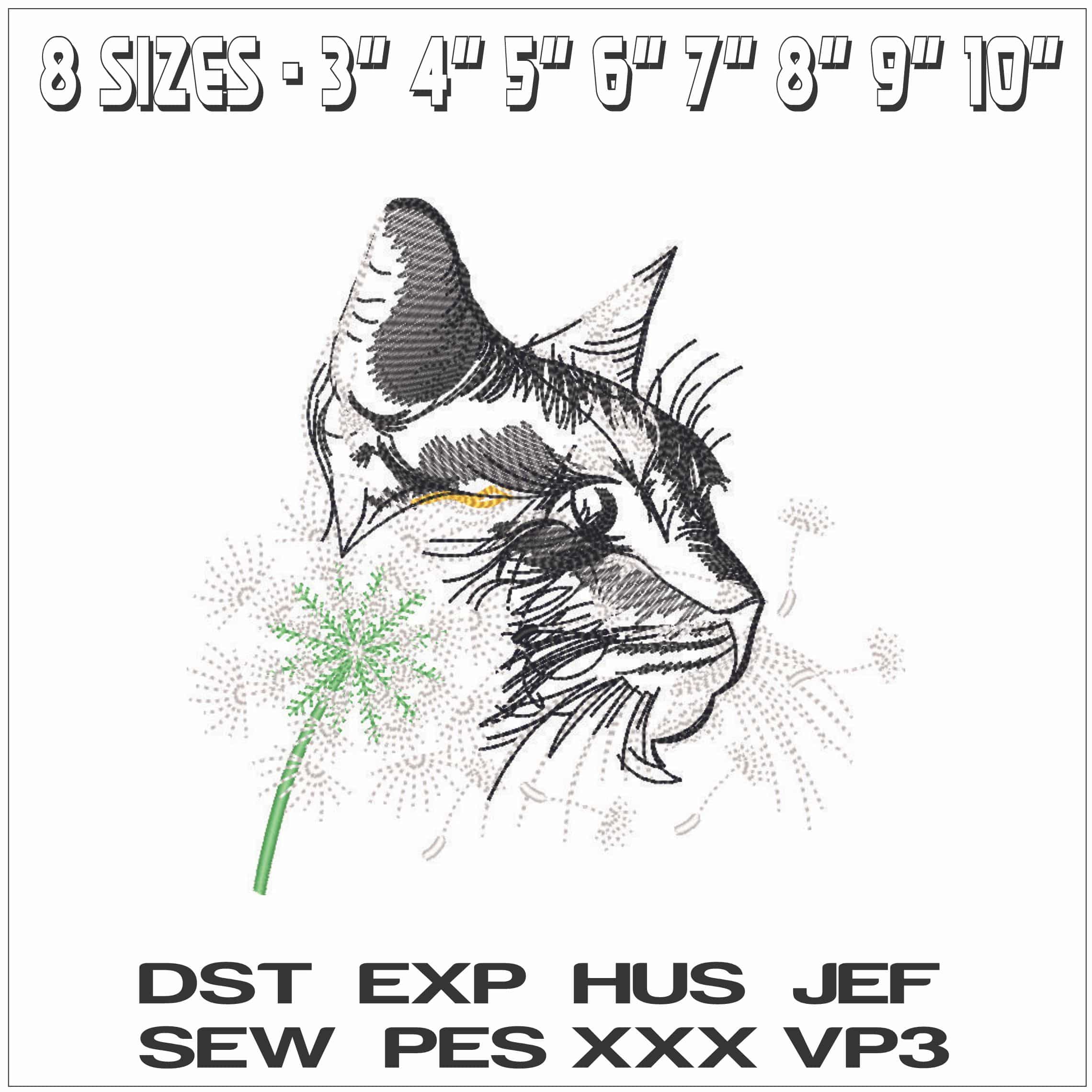 Grey Cat with Dandelion- Elegant embroidery design file - instant download — view 2