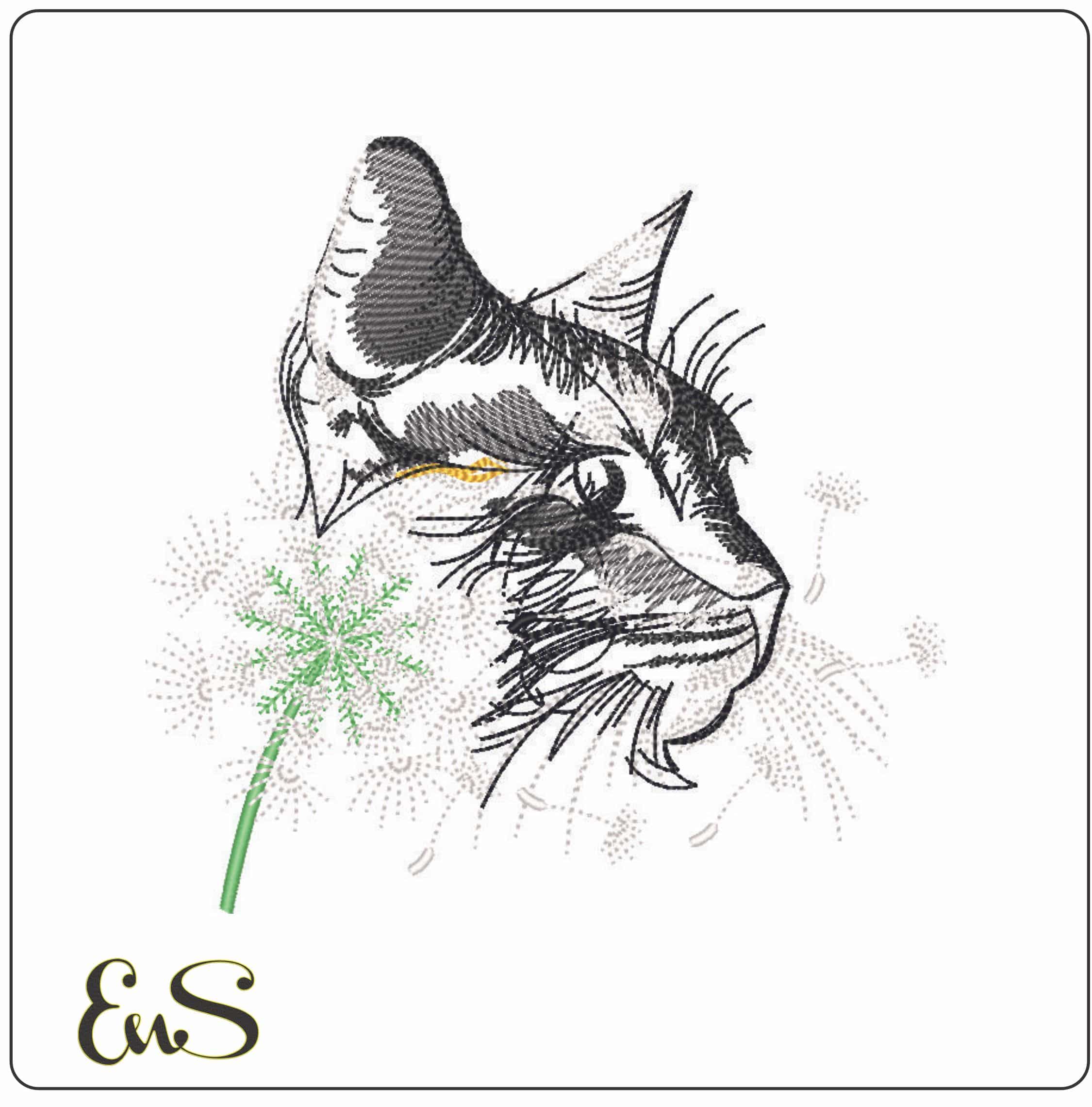 Grey Cat with Dandelion- Elegant embroidery design file - instant download