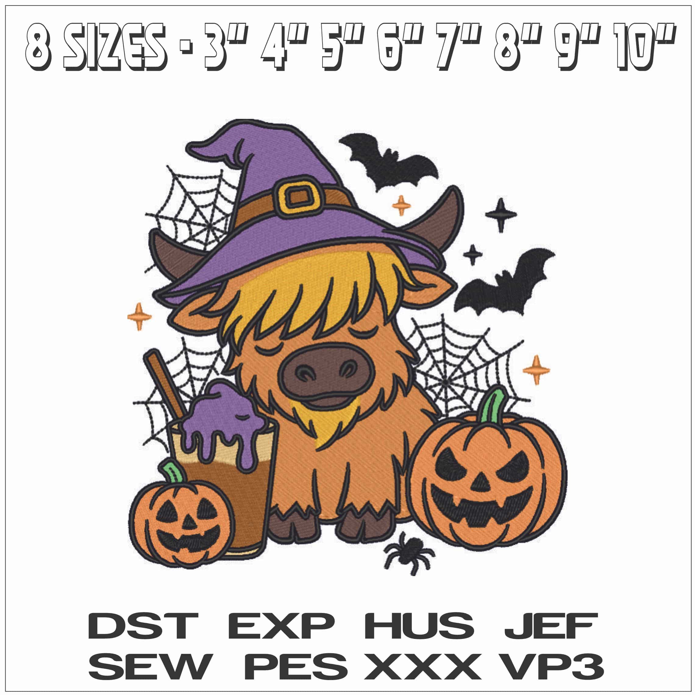 Halloween Highland Cow with Bats and Spiders Web- Elegant embroidery design file - instant download — view 2