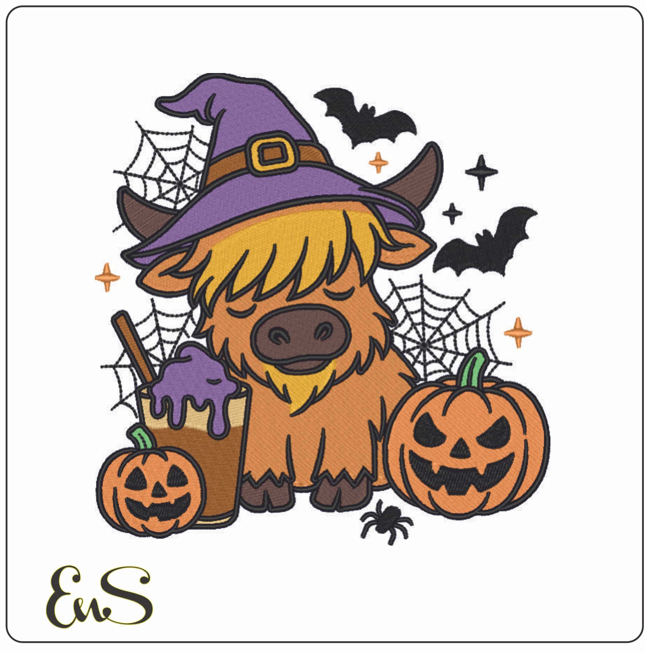 Halloween Highland Cow with Bats and Spiders Web- Elegant embroidery design file - instant download