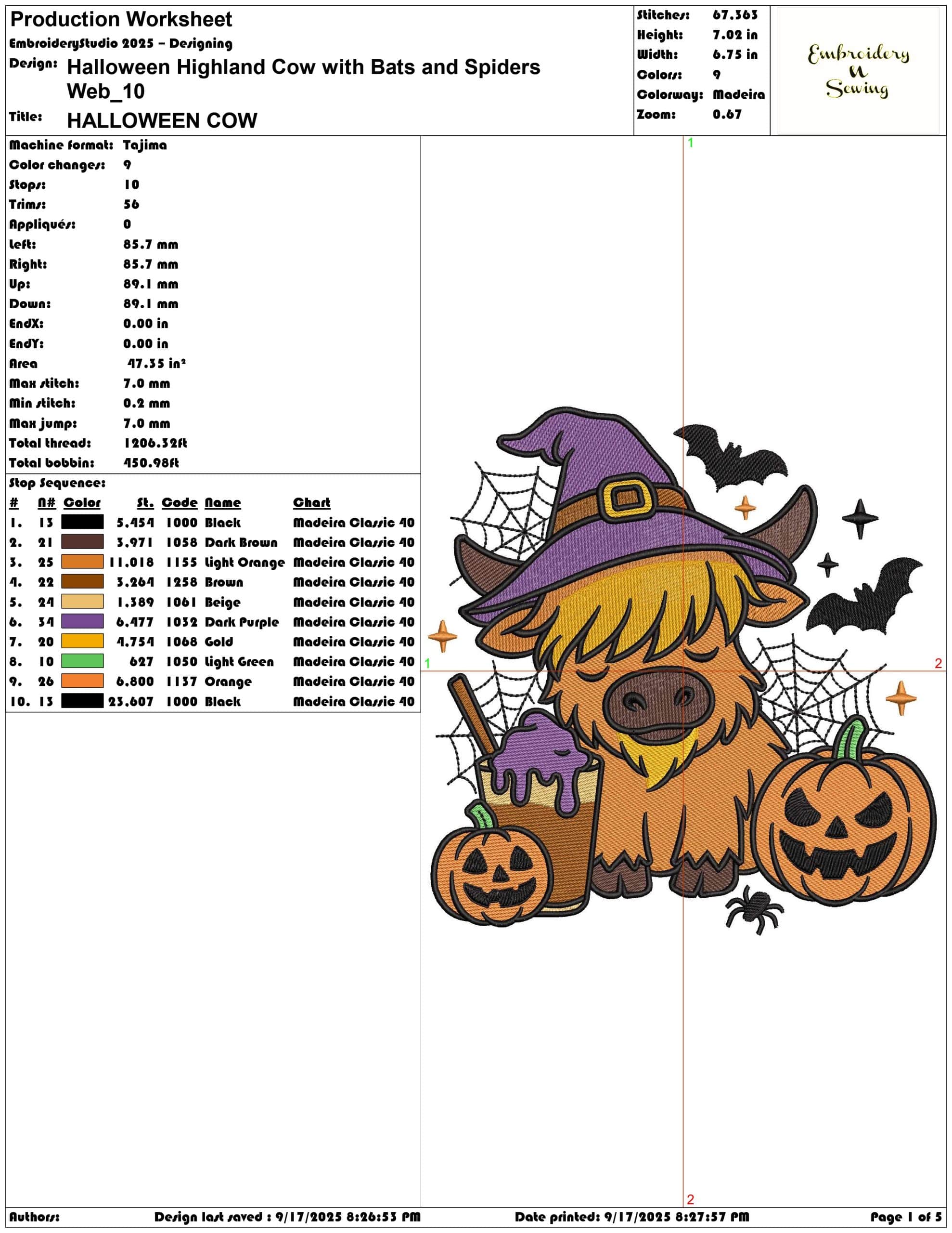 Halloween Highland Cow with Bats and Spiders Web- Elegant embroidery design file - instant download — view 3