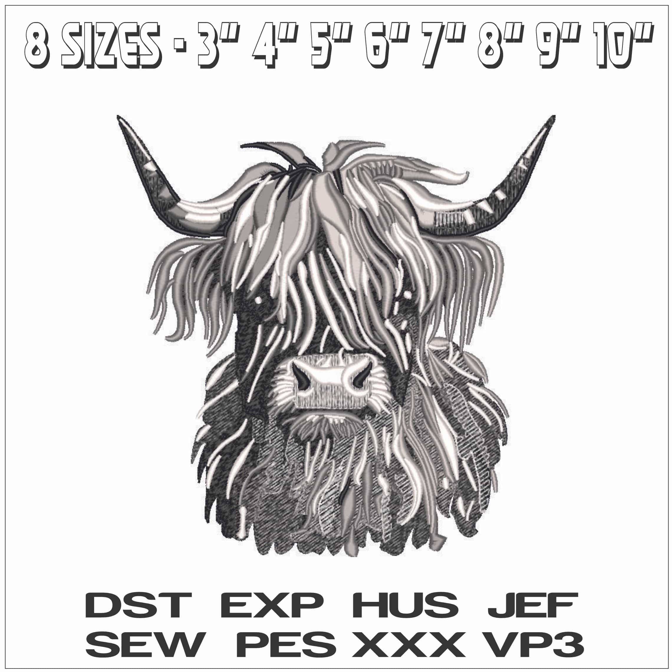 Highland Cow Grey Scale- Elegant embroidery design file - instant download — view 2