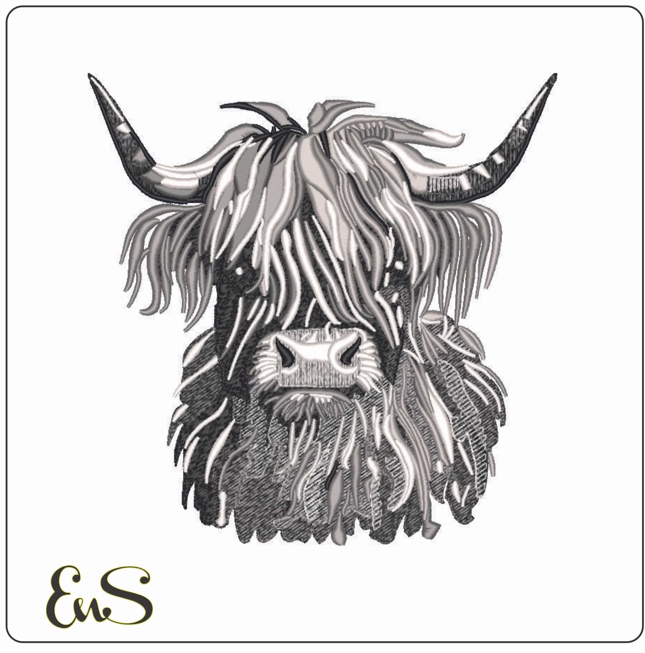 Highland Cow Grey Scale- Elegant embroidery design file - instant download