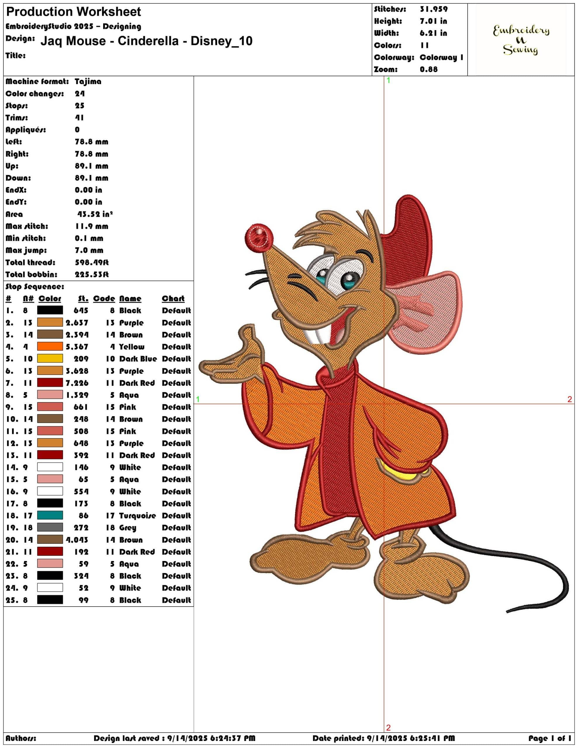 Jaq Mouse - Cinderella - Disney- Elegant embroidery design file - instant download — view 3