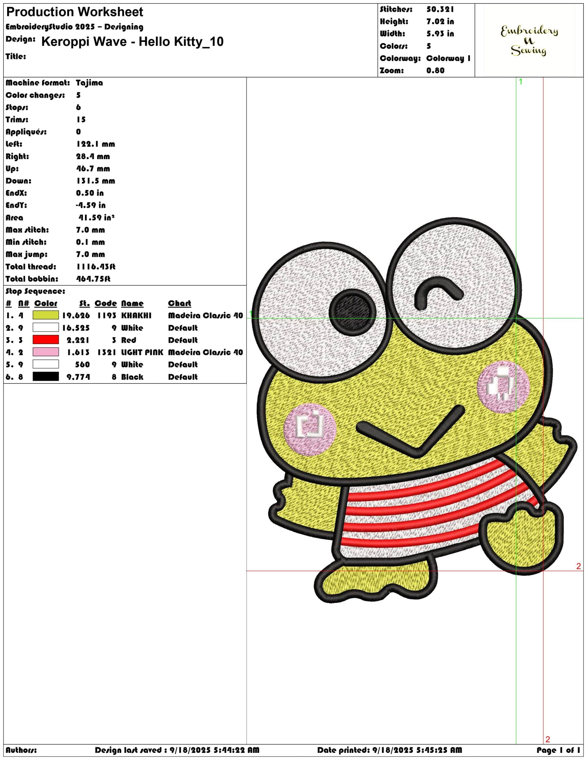 Keroppi Wave - Hello Kitty- Elegant embroidery design file - instant download — view 3