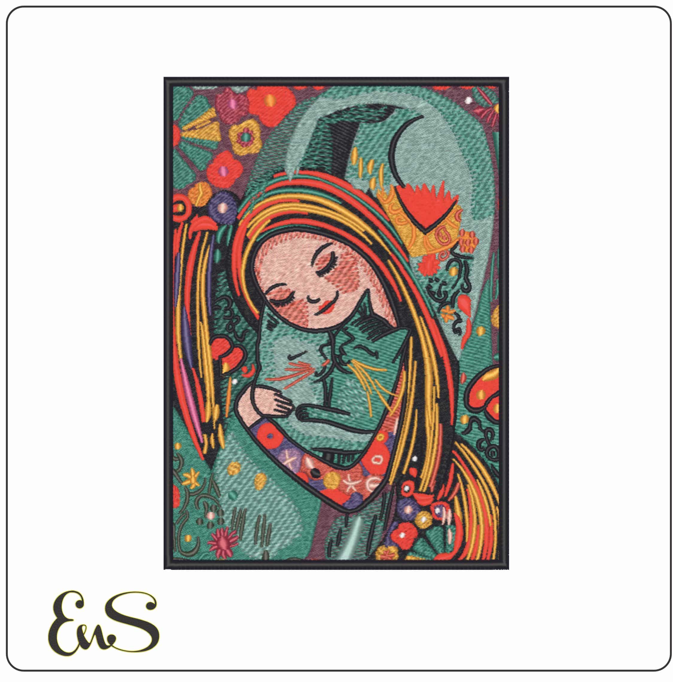 Lady cuddling Cats- Elegant embroidery design file - instant download