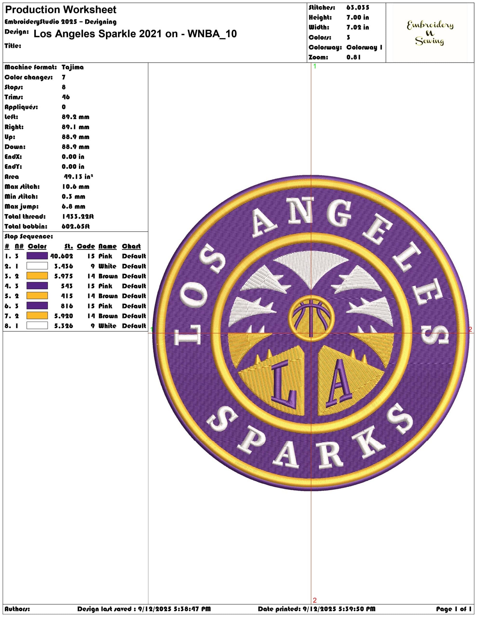 Los Angeles Sparkle 2021 on - WNBA- Elegant embroidery design file - instant download — view 3