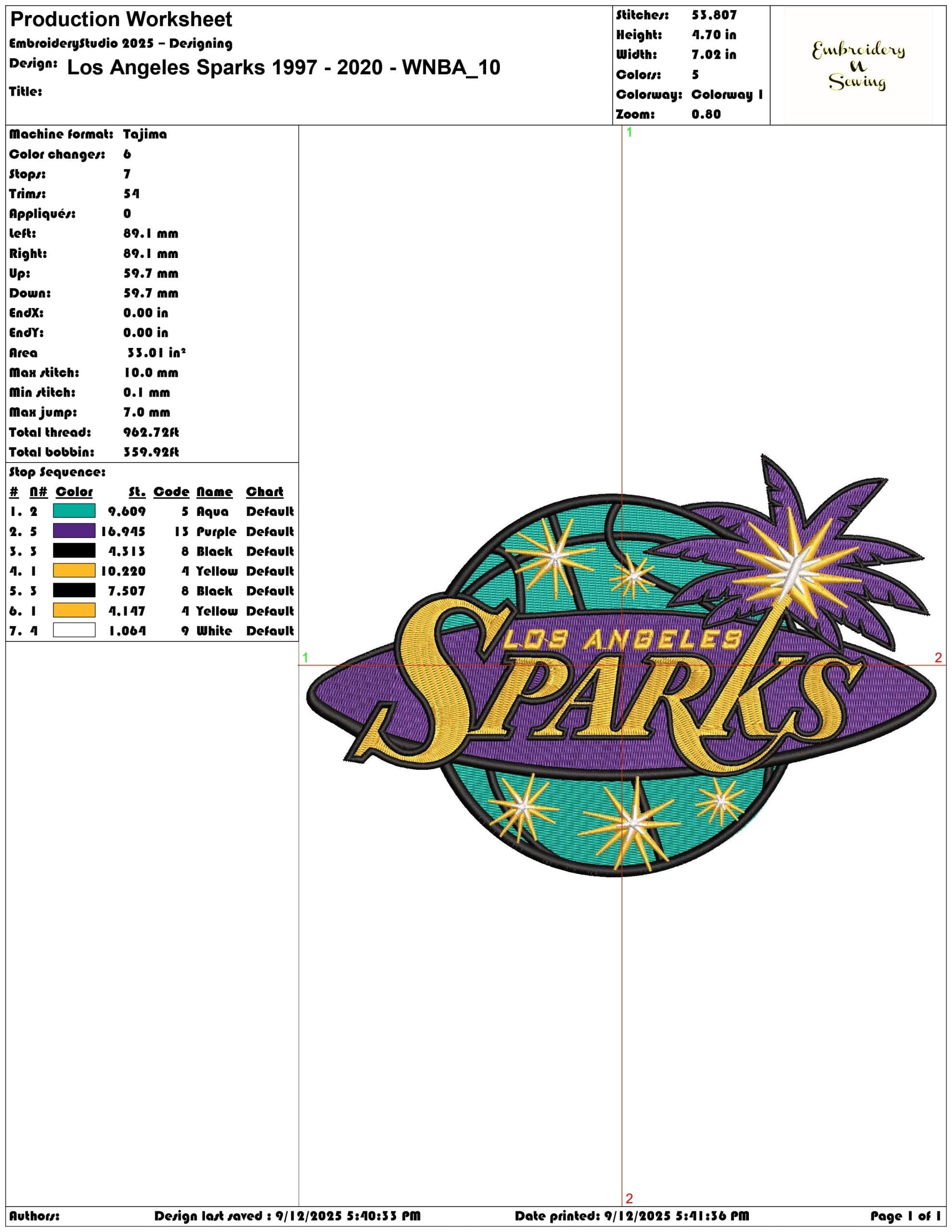 Los Angeles Sparks 1997 - 2020 - WNBA- Elegant embroidery design file - instant download — view 3
