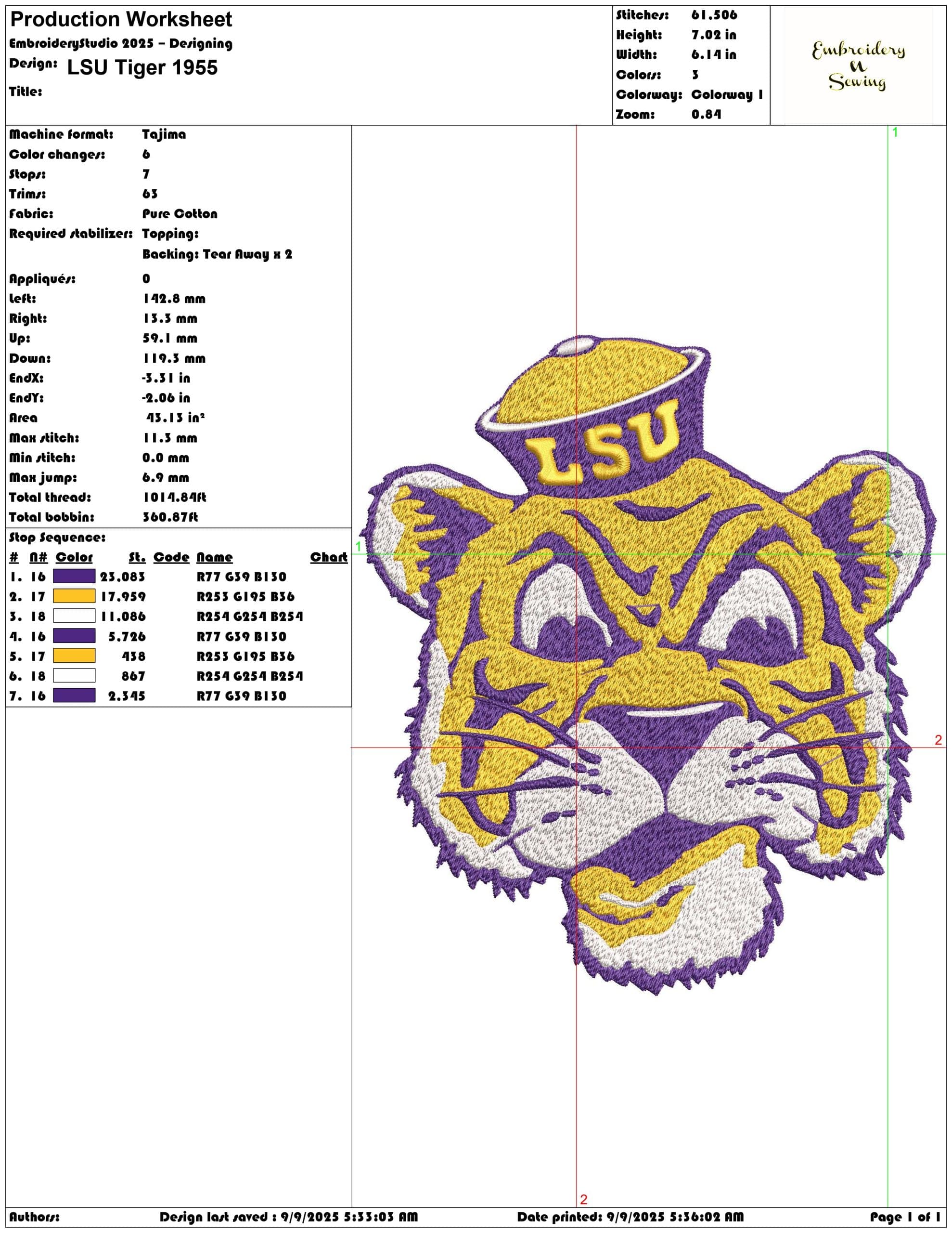 LSU Tiger 1955- Elegant embroidery design file - instant download — view 3