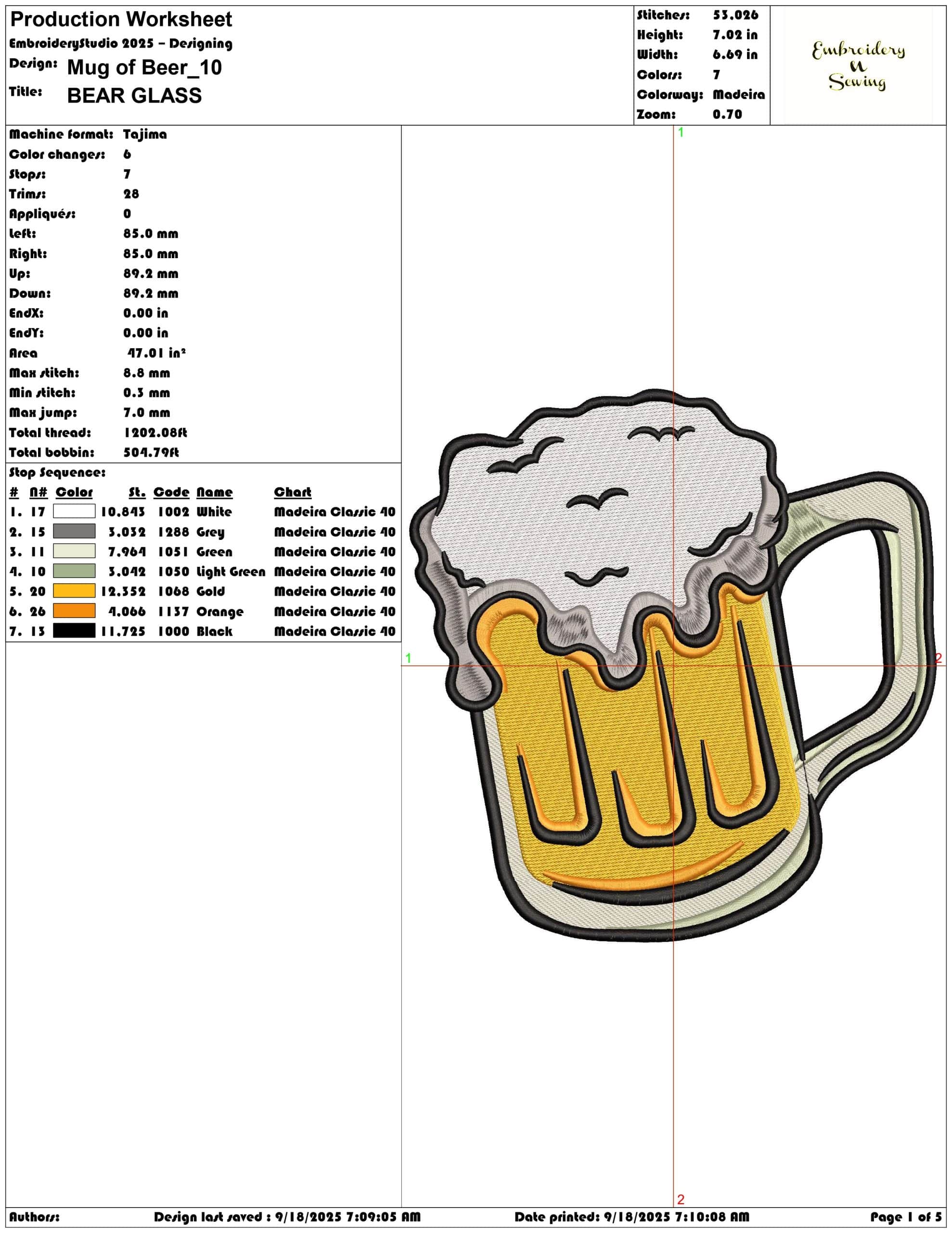 Mug of Beer- Elegant embroidery design file - instant download — view 3