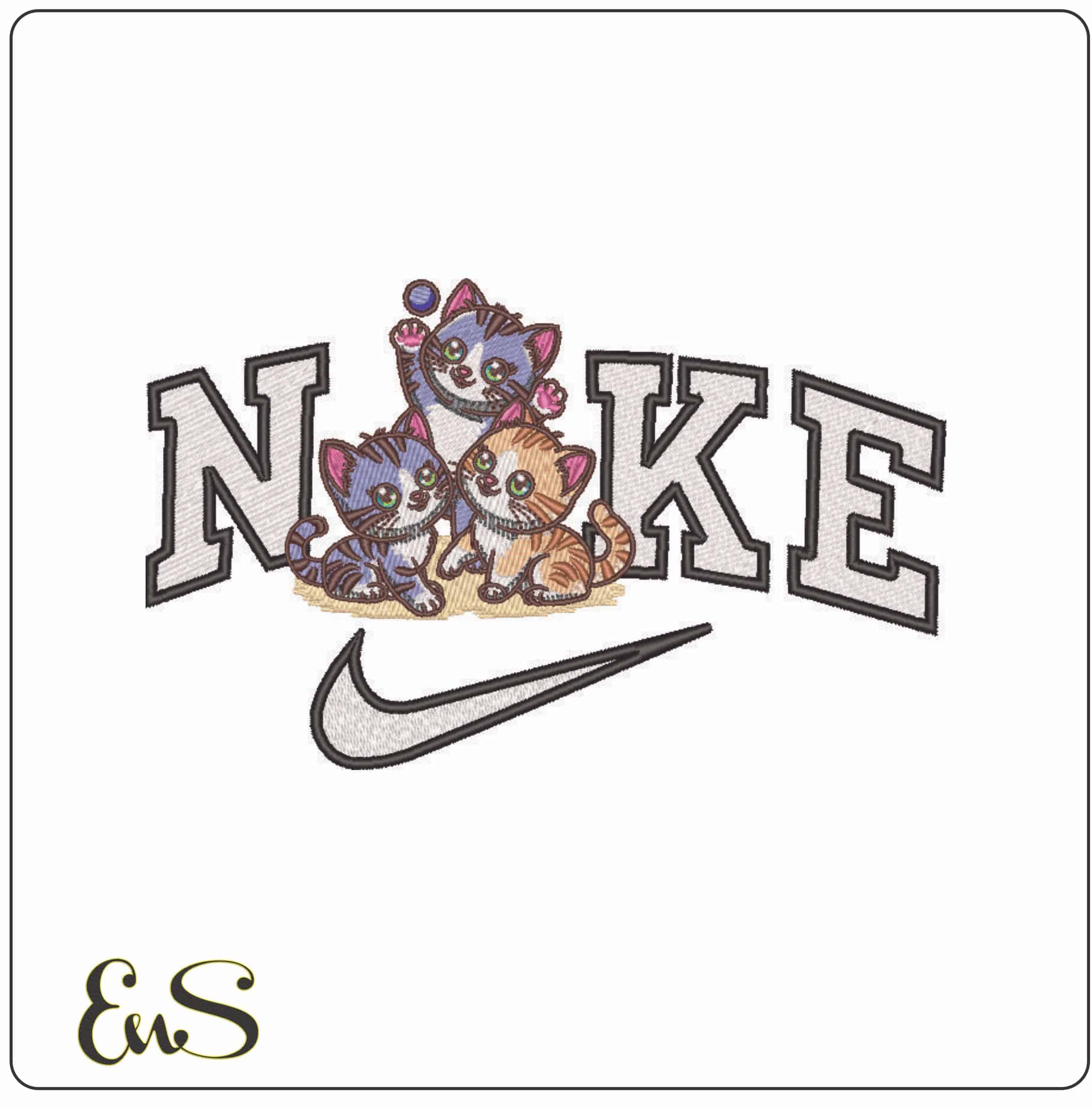 Nike 3 Kittens playing with Ball- Elegant embroidery design file - instant download