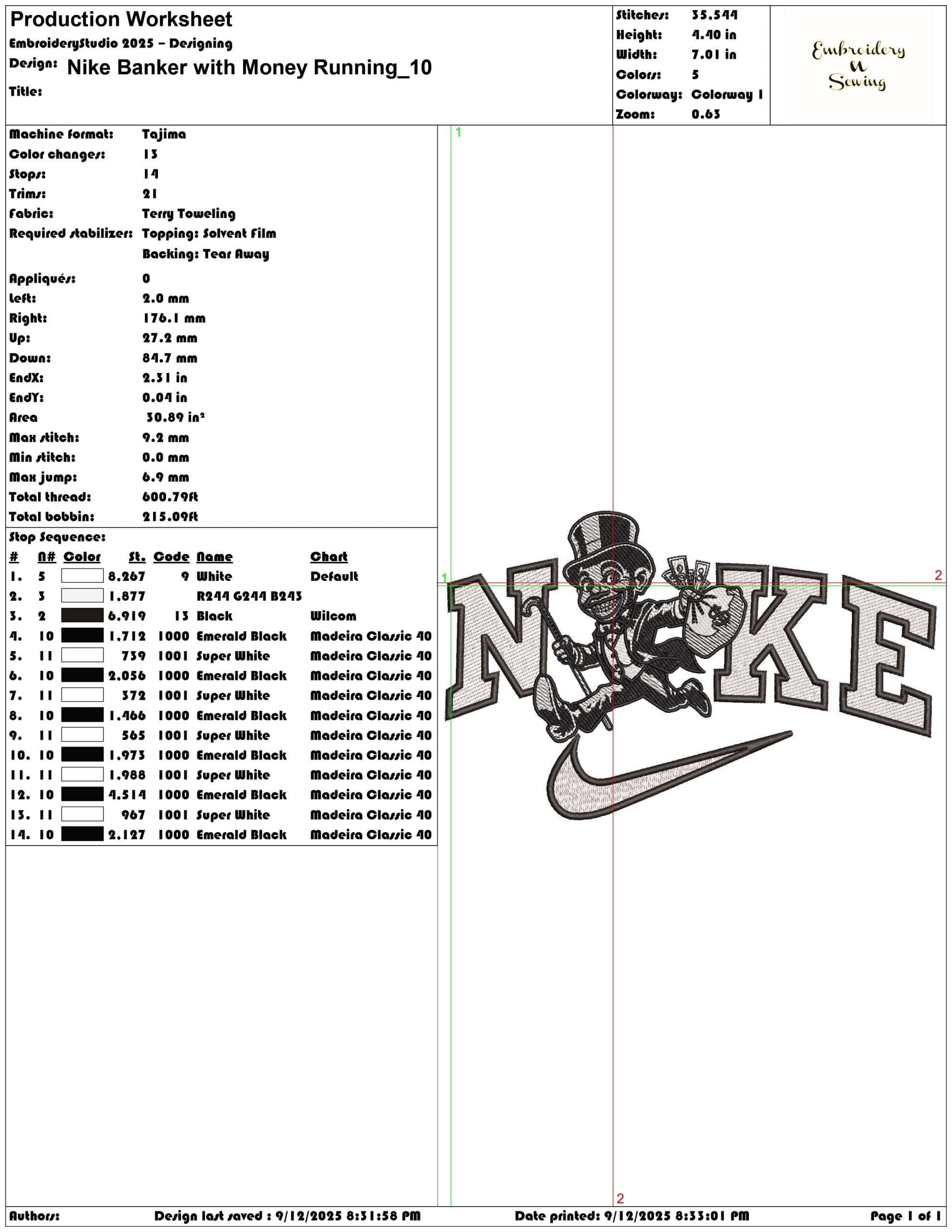 Nike Banker with Money Running- Elegant embroidery design file - instant download — view 3
