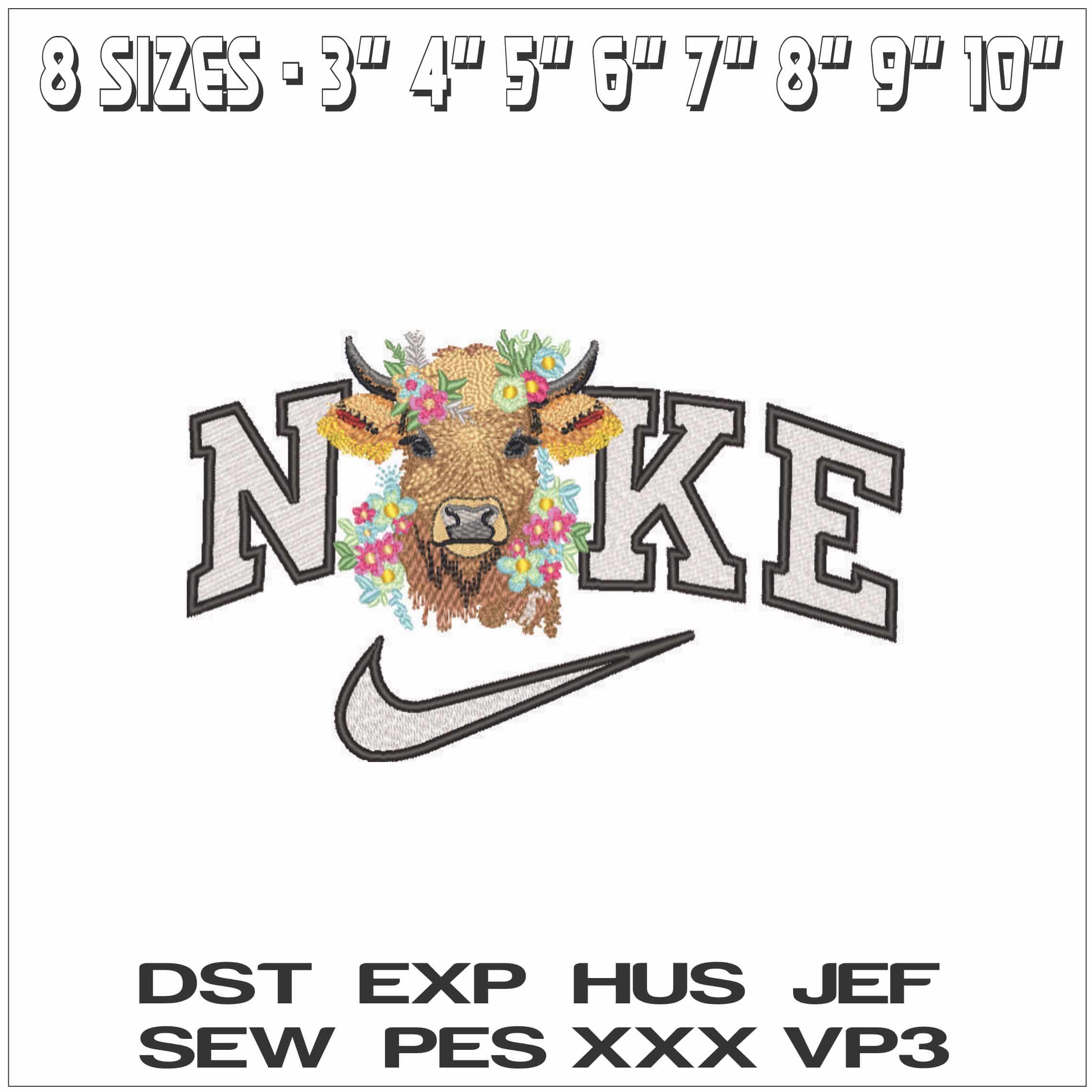 Nike Cow Face with Flowers- Elegant embroidery design file - instant download — view 2