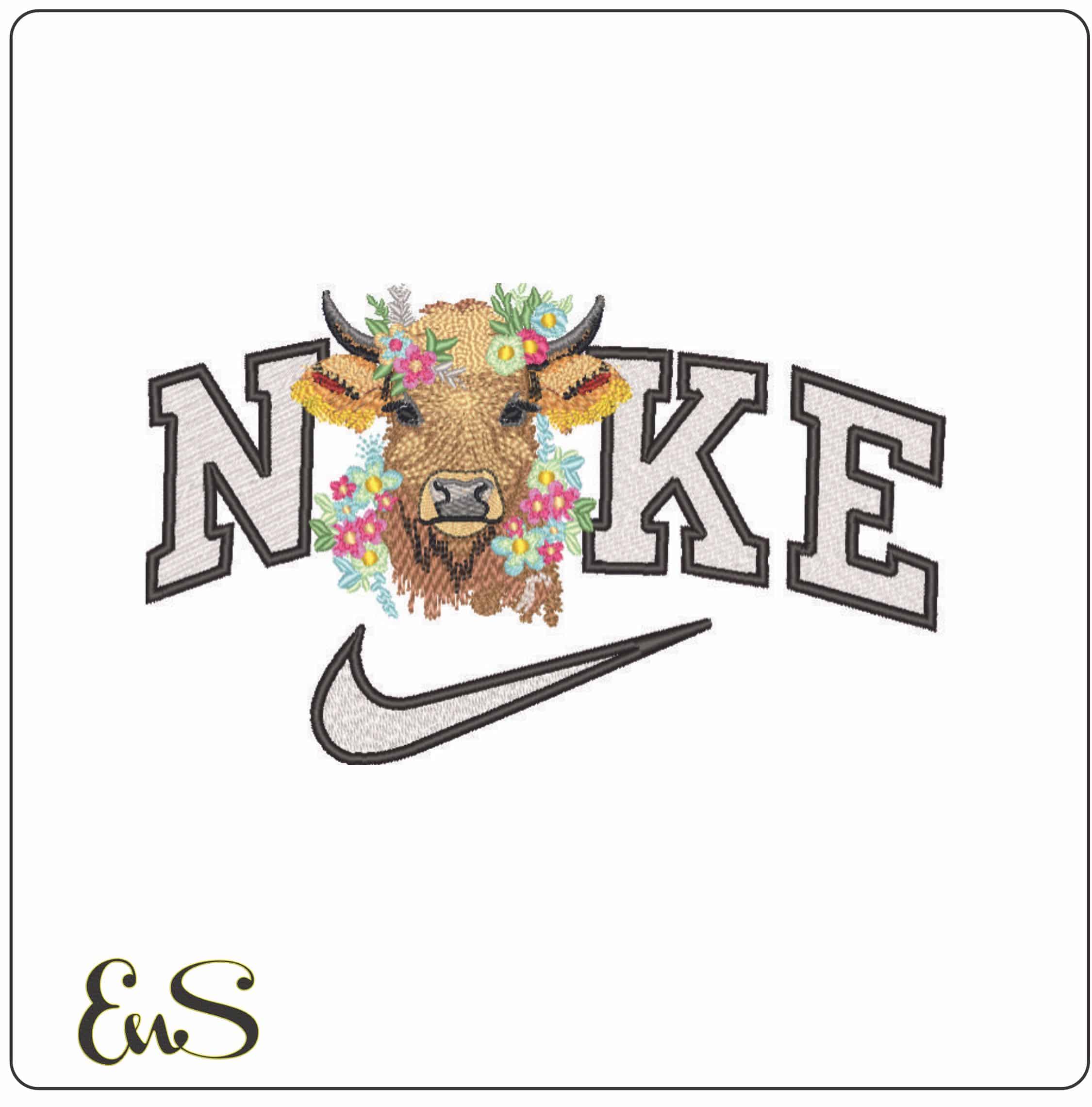 Nike Cow Face with Flowers- Elegant embroidery design file - instant download