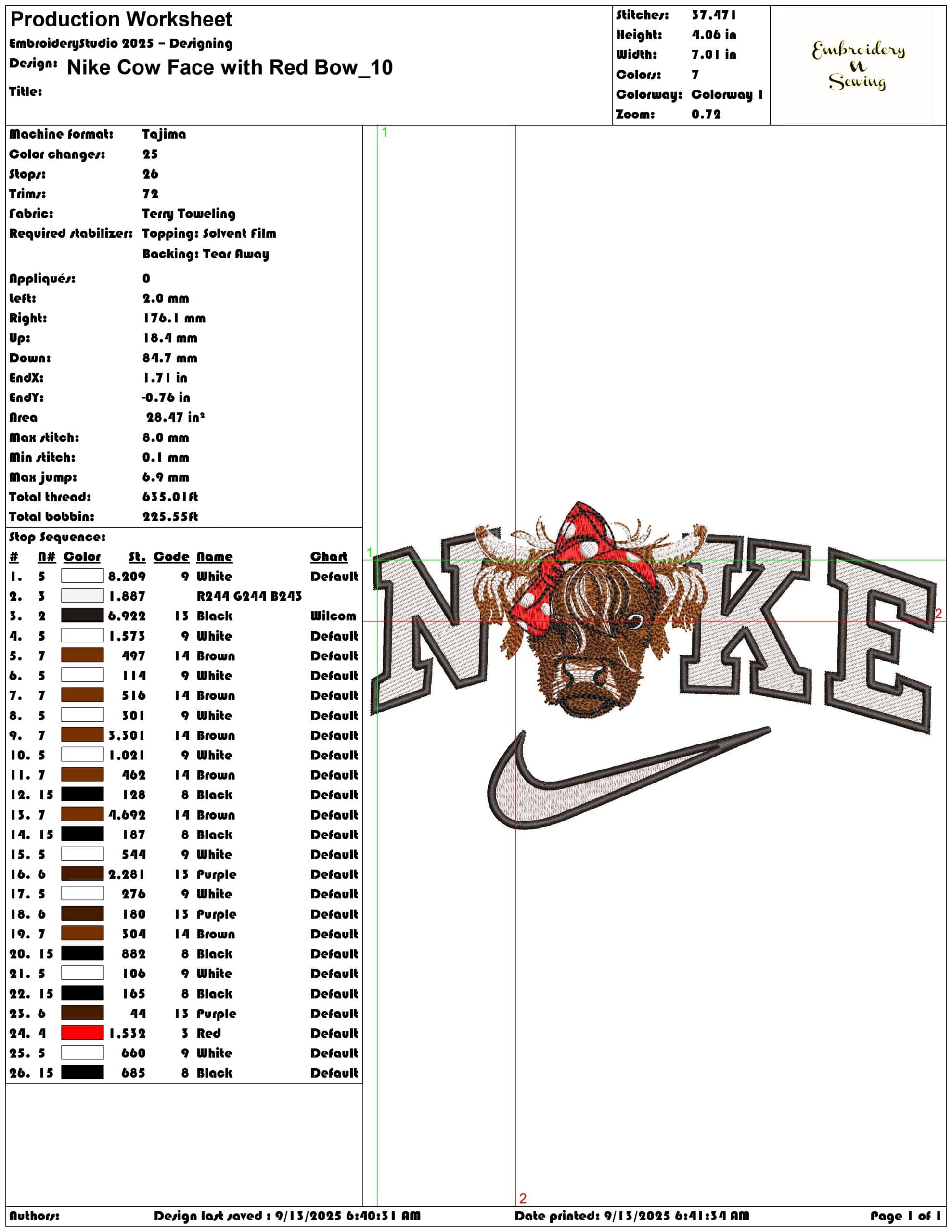 Nike Cow Face with Red Bow- Elegant embroidery design file - instant download — view 3