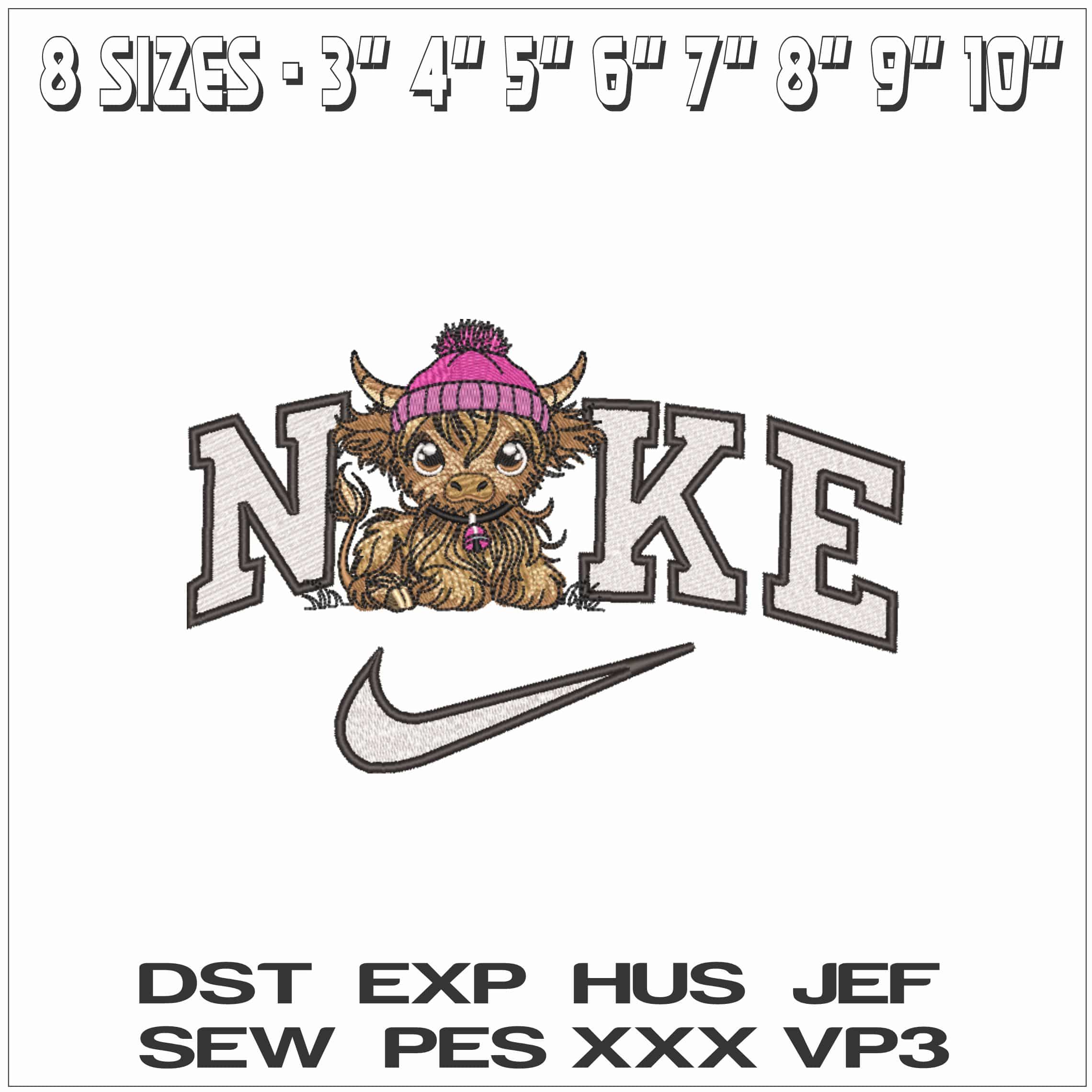 Nike Cute Highland Cow with Hat and bell- Elegant embroidery design file - instant download — view 2