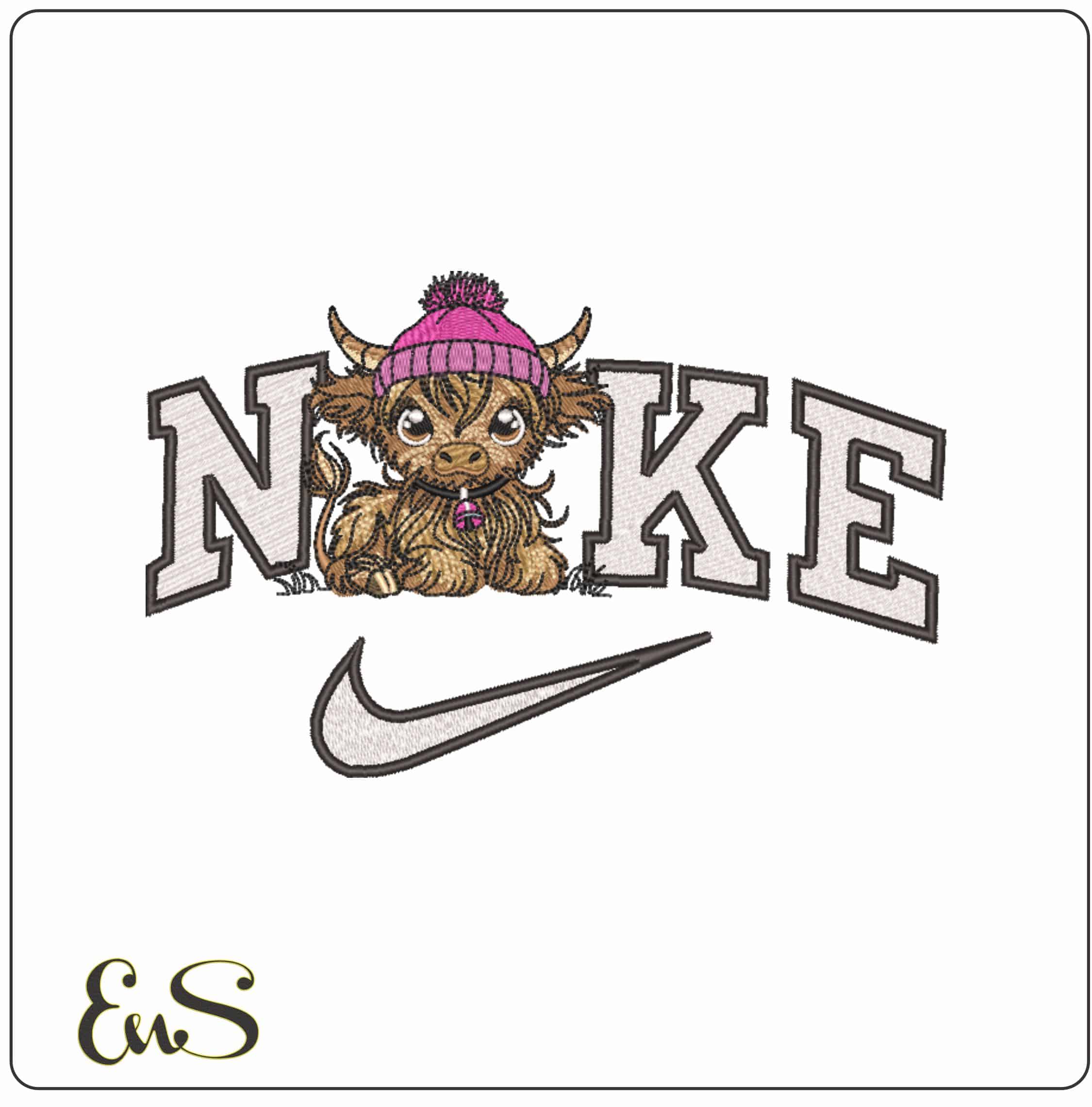 Nike Cute Highland Cow with Hat and bell- Elegant embroidery design file - instant download