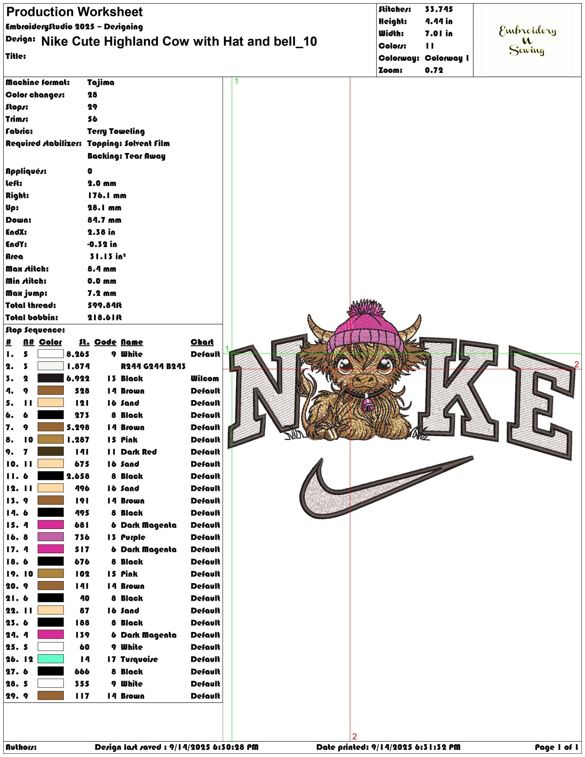 Nike Cute Highland Cow with Hat and bell- Elegant embroidery design file - instant download — view 3