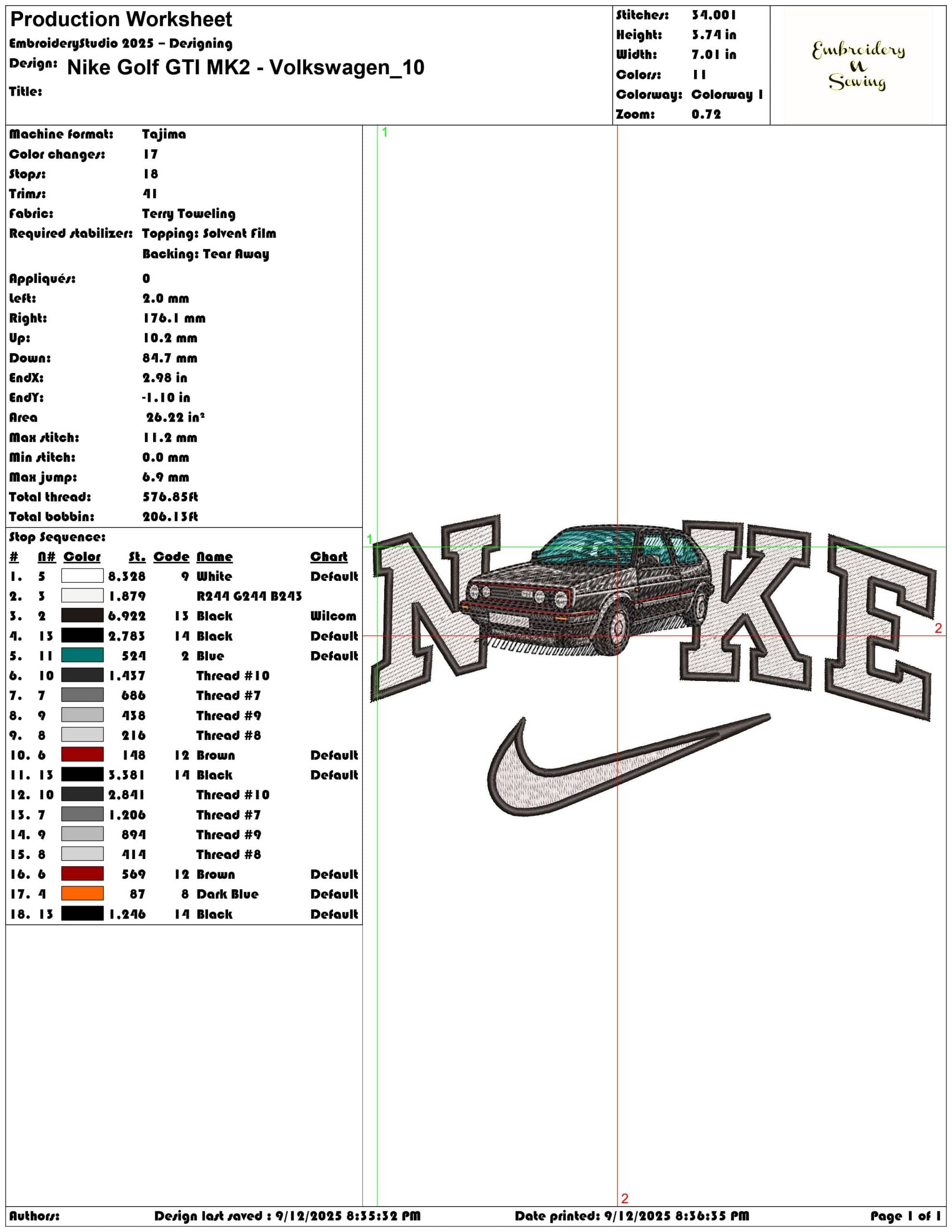 Nike Golf GTI MK2 - Volkswagen- Elegant embroidery design file - instant download — view 3