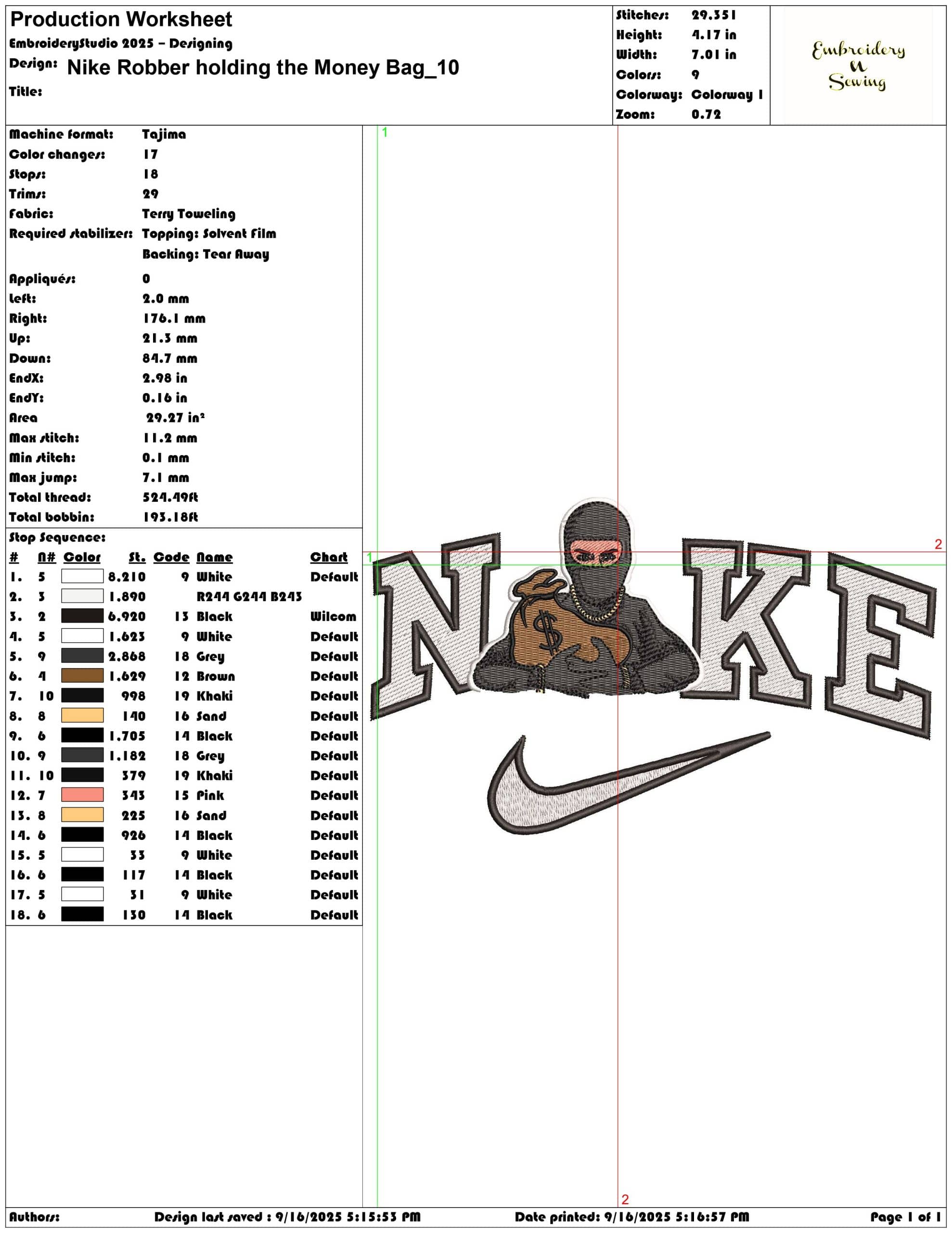 Nike Robber holding the Money Bag- Elegant embroidery design file - instant download — view 3
