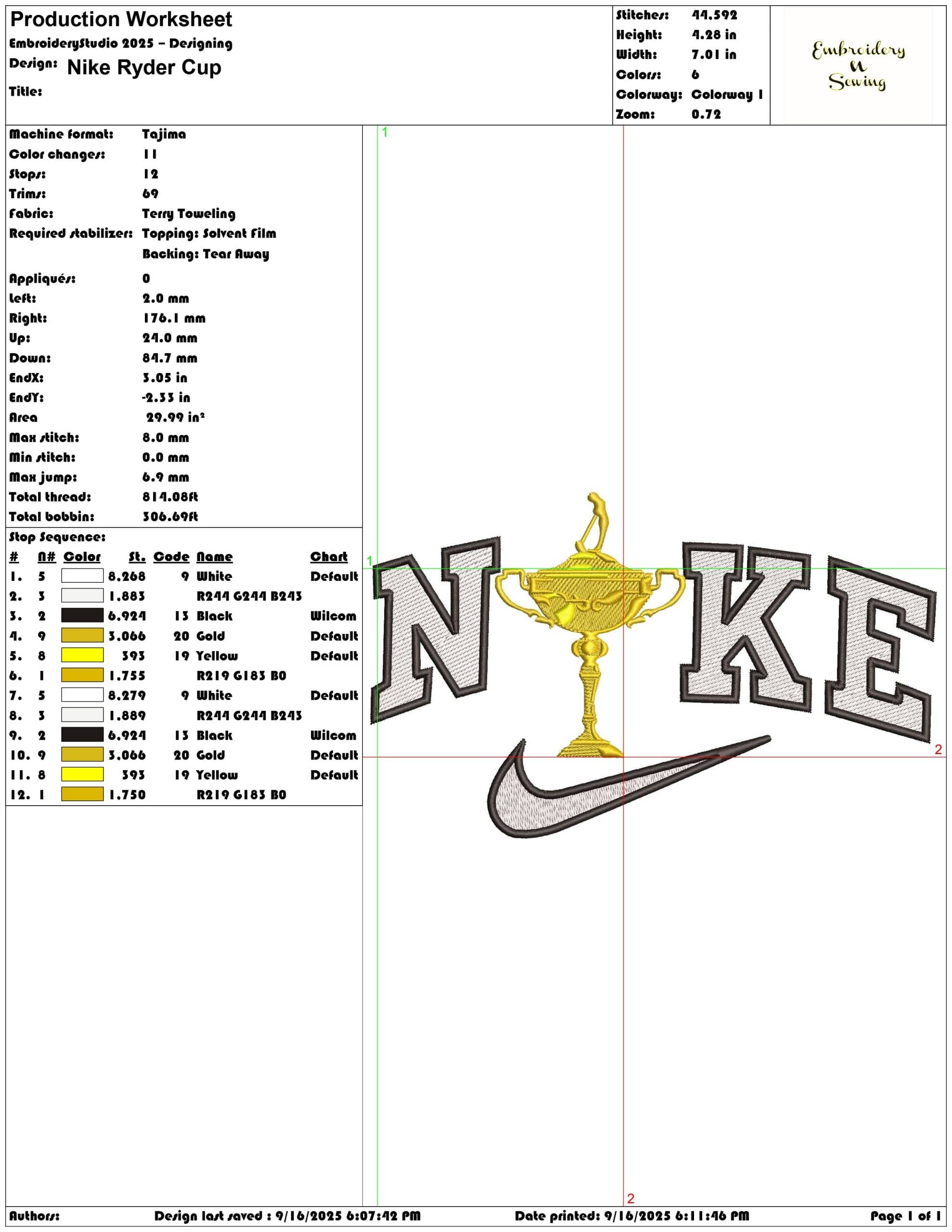 Nike Ryder Cup- Elegant embroidery design file - instant download — view 3