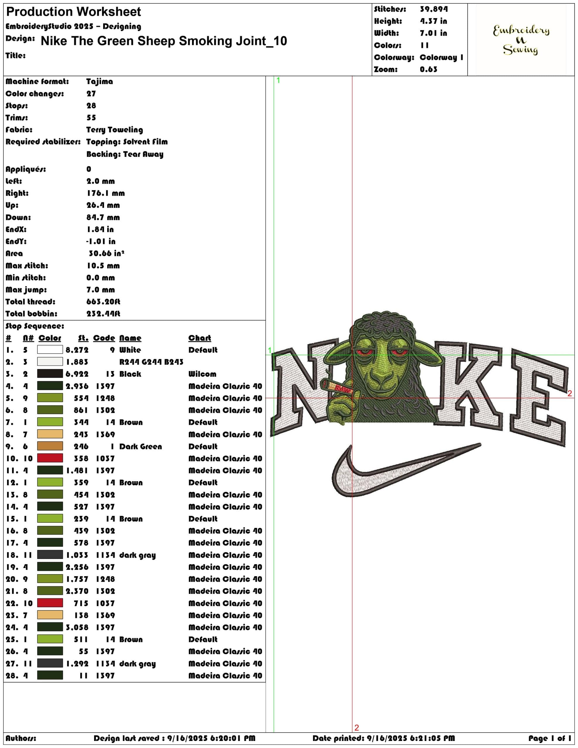 Nike The Green Sheep Smoking Joint- Elegant embroidery design file - instant download — view 3