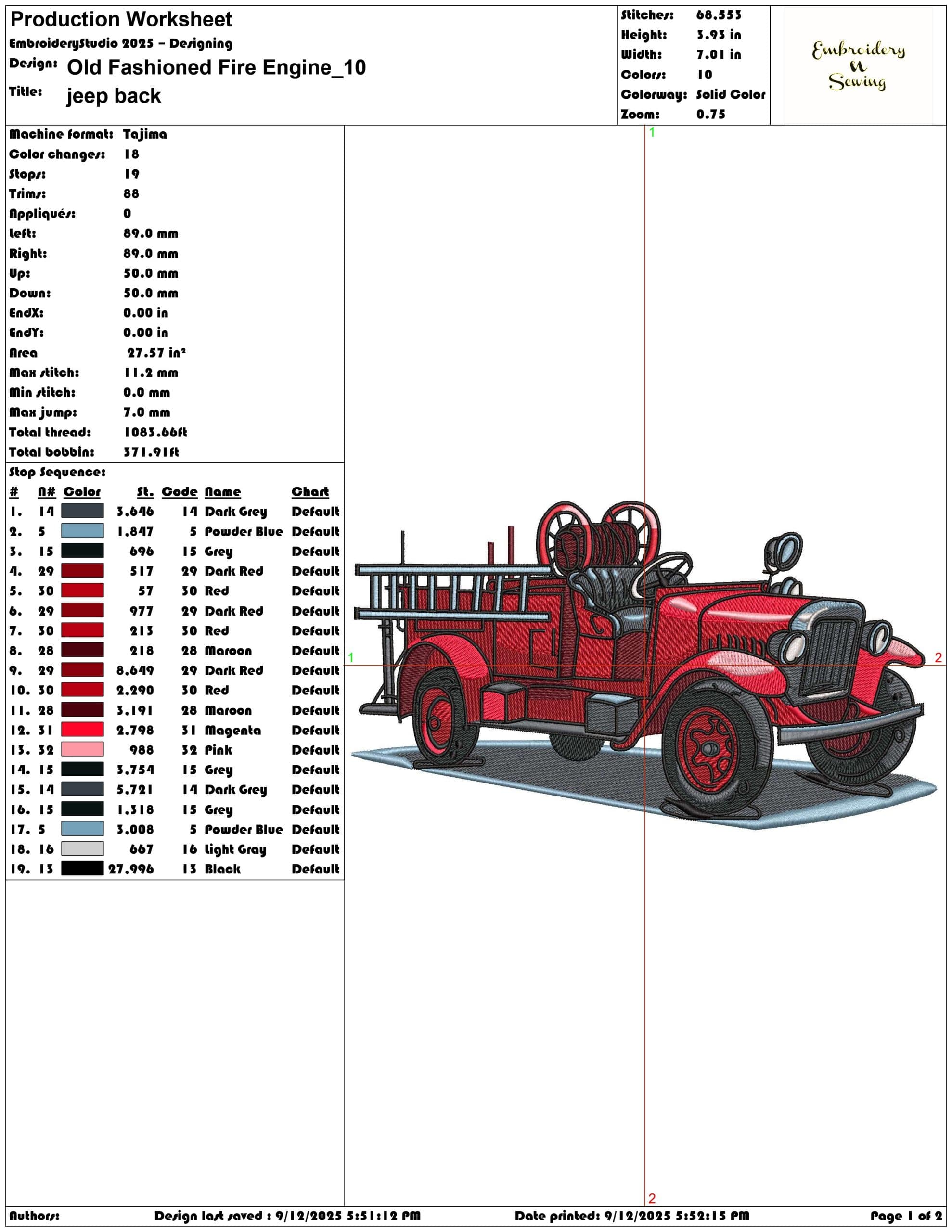 Old Fashioned Fire Engine- Elegant embroidery design file - instant download — view 3