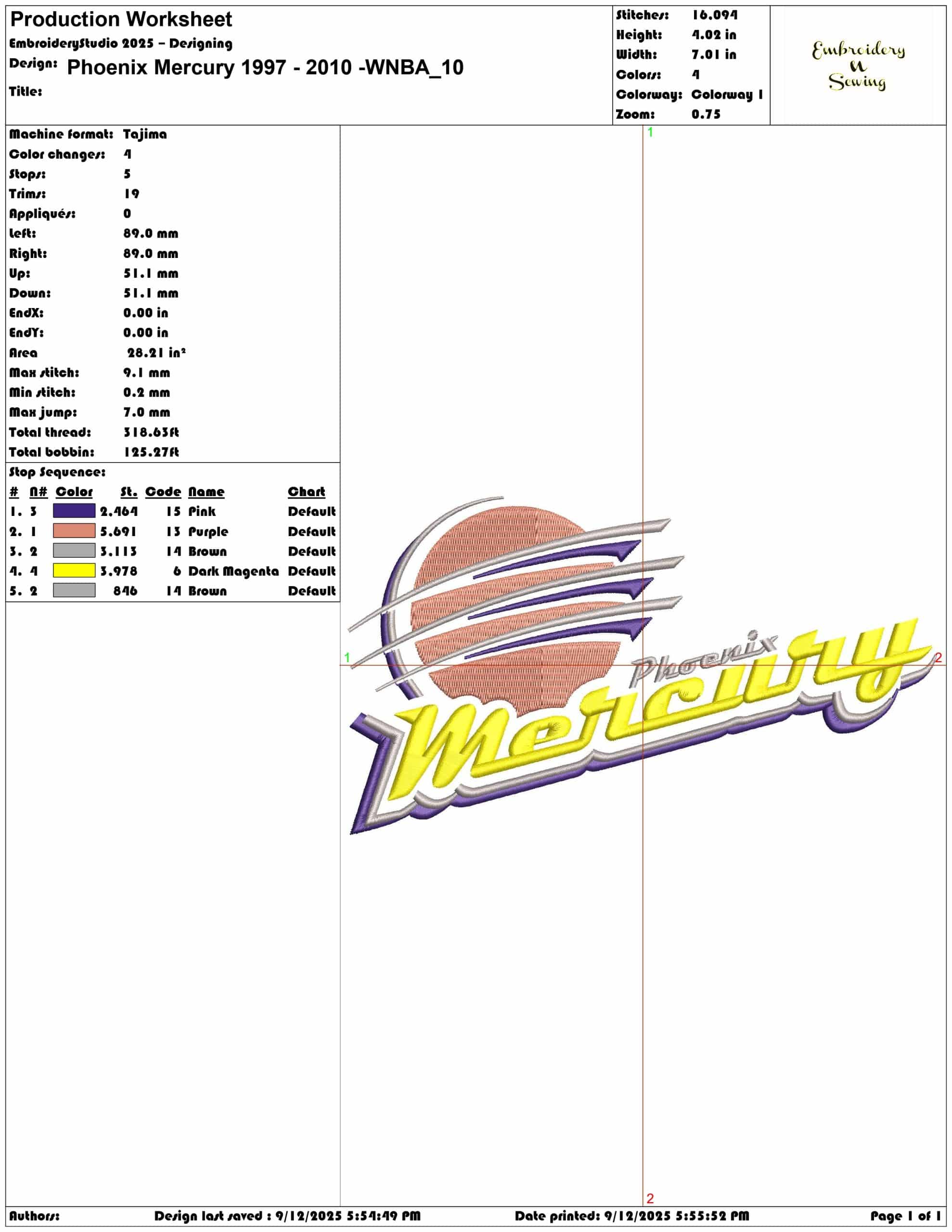 Phoenix Mercury 1997 - 2010 -WNBA- Elegant embroidery design file - instant download — view 3