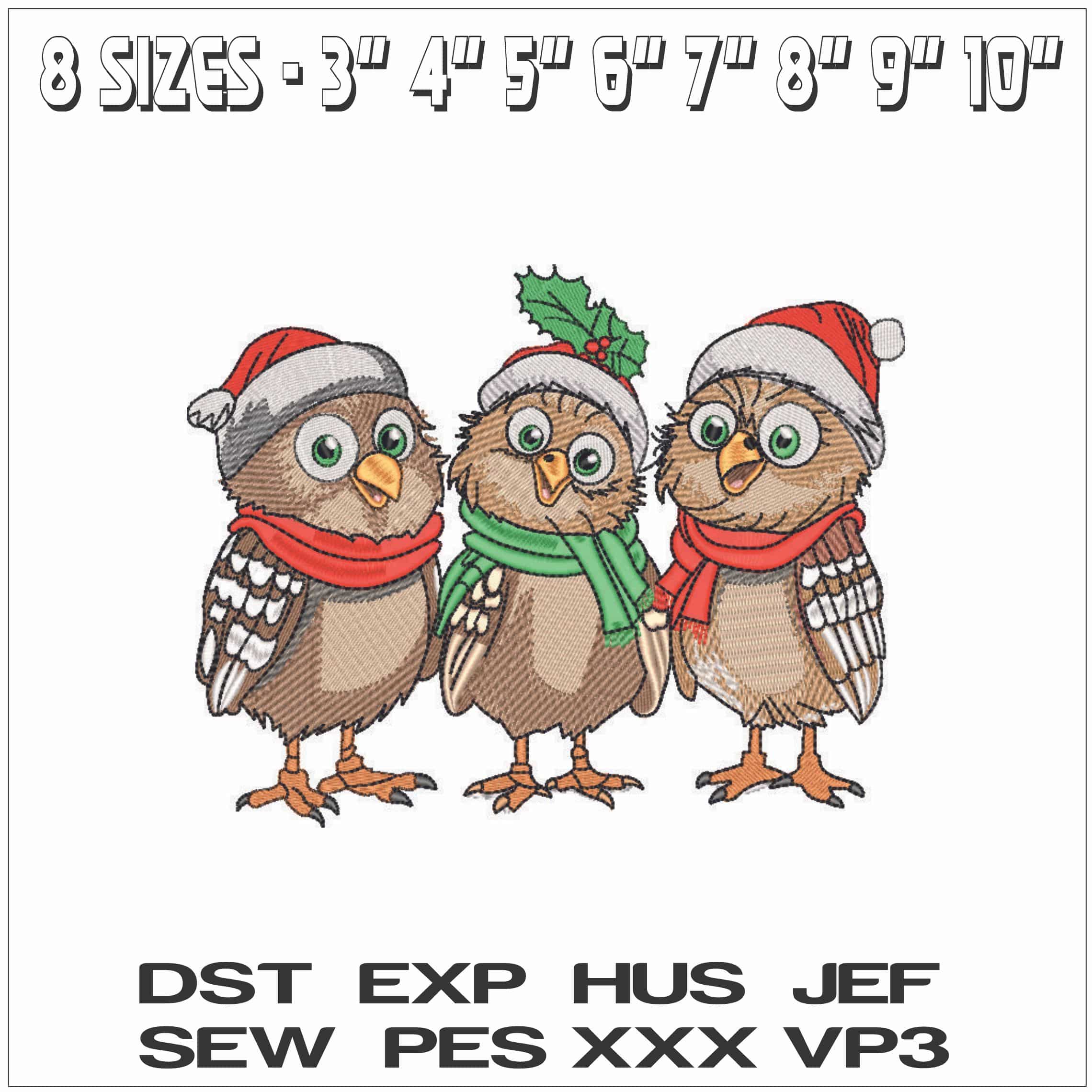 3 Christmas Owls - Elegant embroidery design file - instant download — view 2