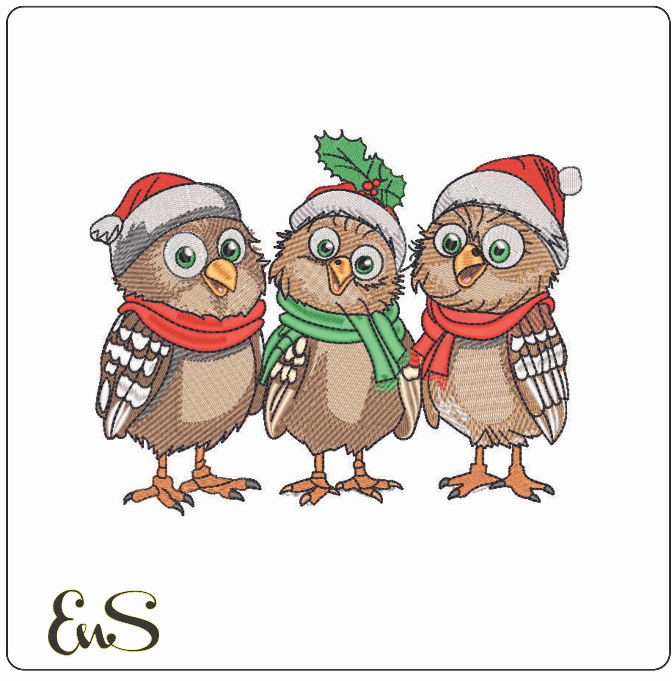 3 Christmas Owls - Elegant embroidery design file - instant download