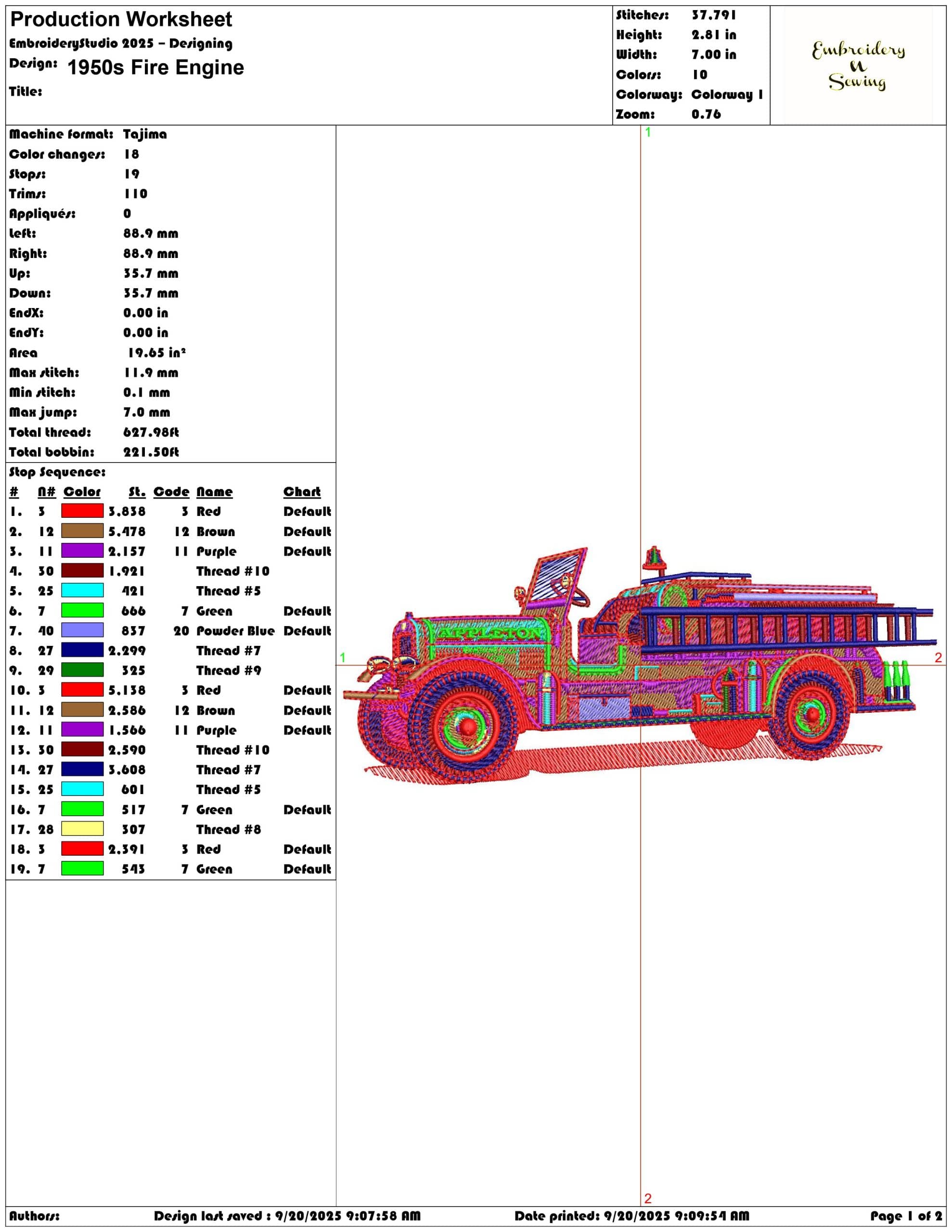 1950s Fire Engine - Elegant embroidery design file - instant download — view 3
