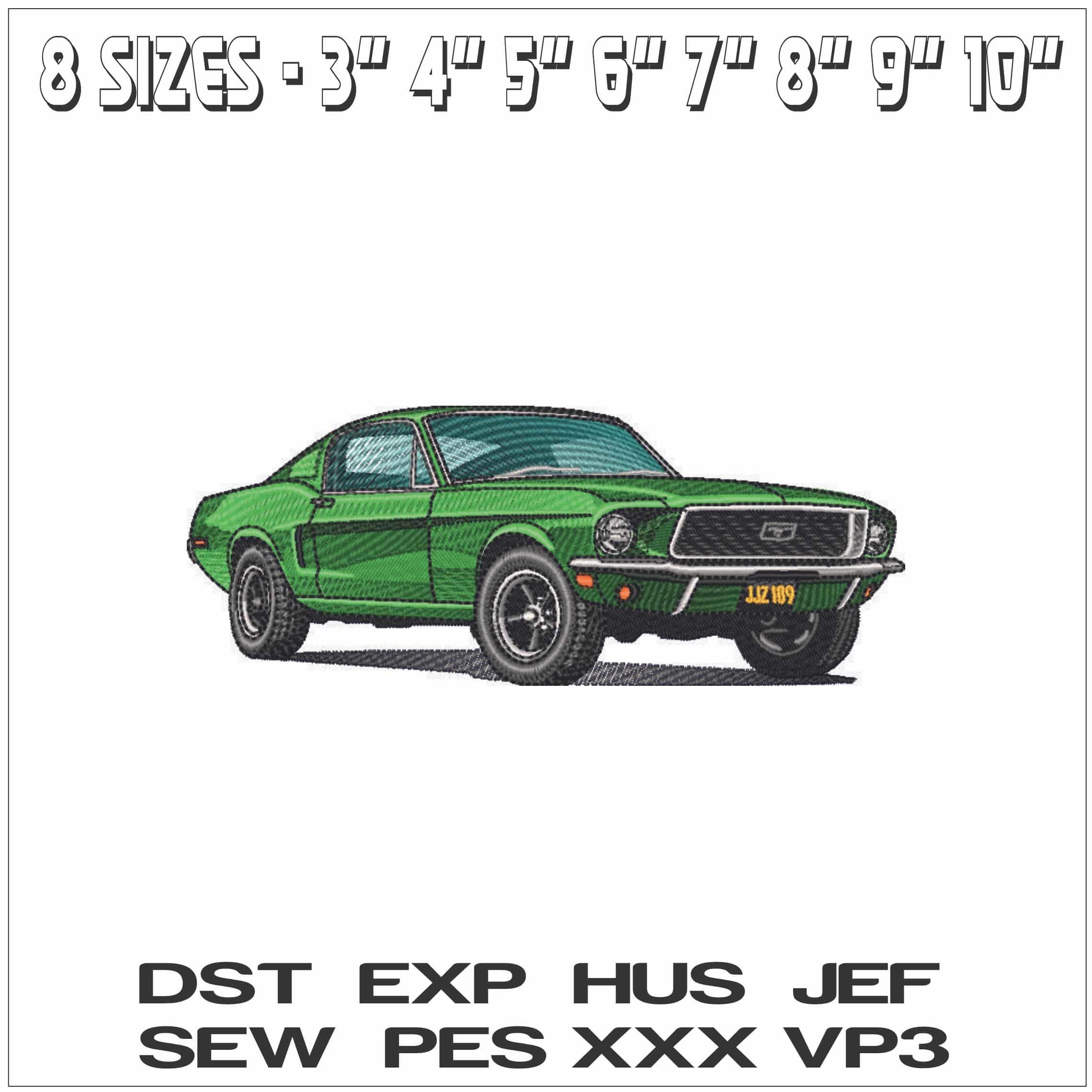 1968 Ford Mustang Green - Elegant embroidery design file - instant download — view 2