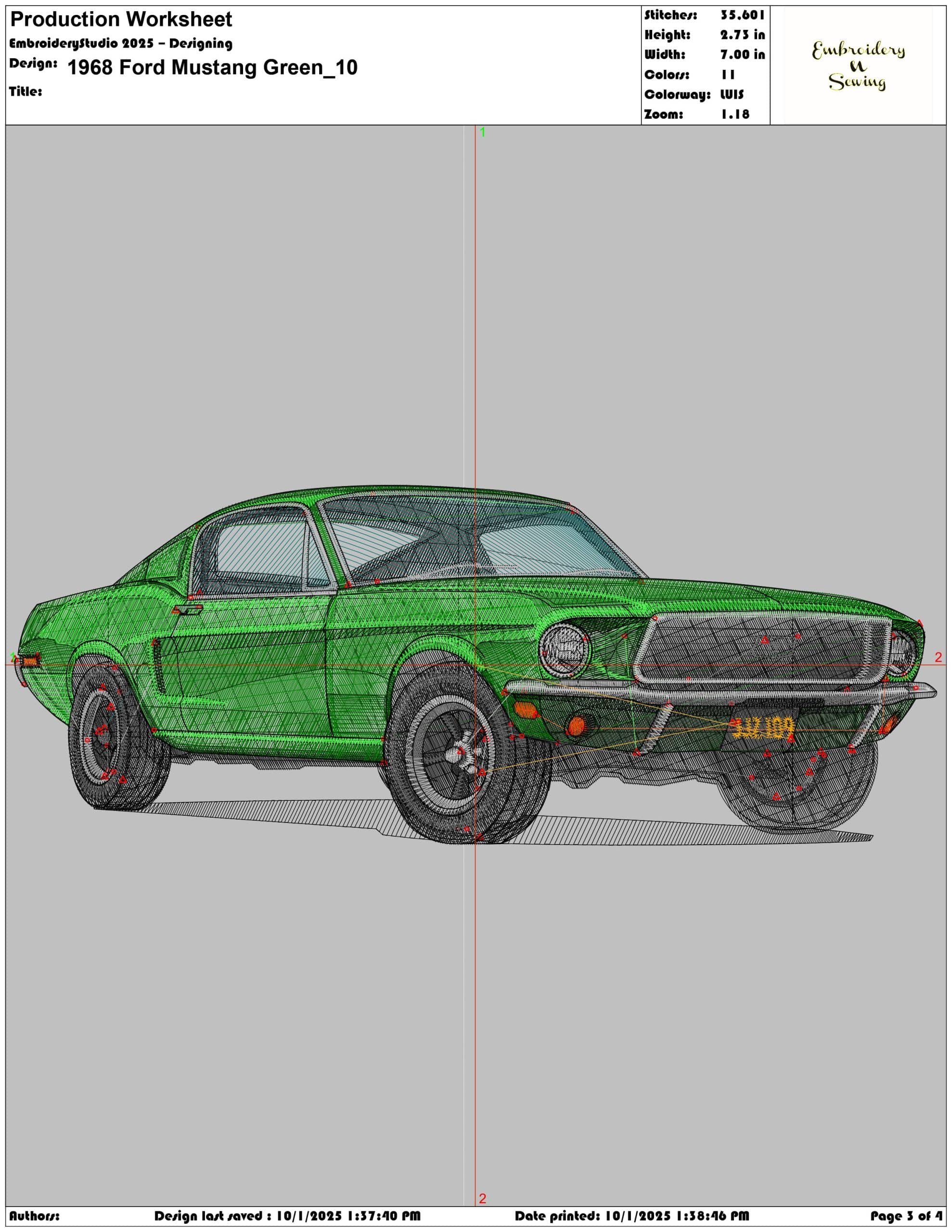 1968 Ford Mustang Green - Elegant embroidery design file - instant download — view 3