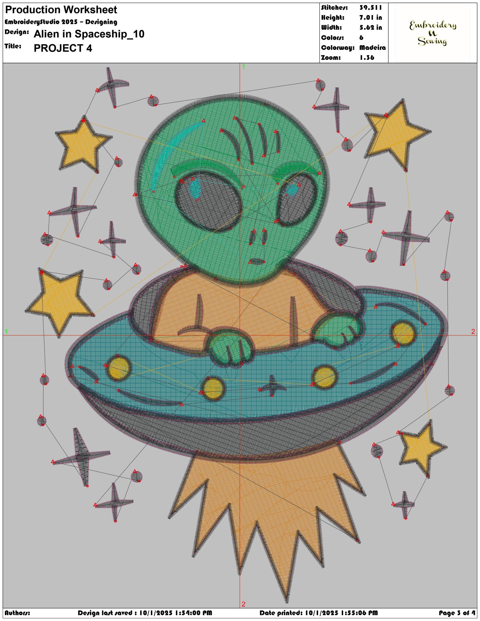 Alien in UFO - Elegant embroidery design file - instant download — view 3