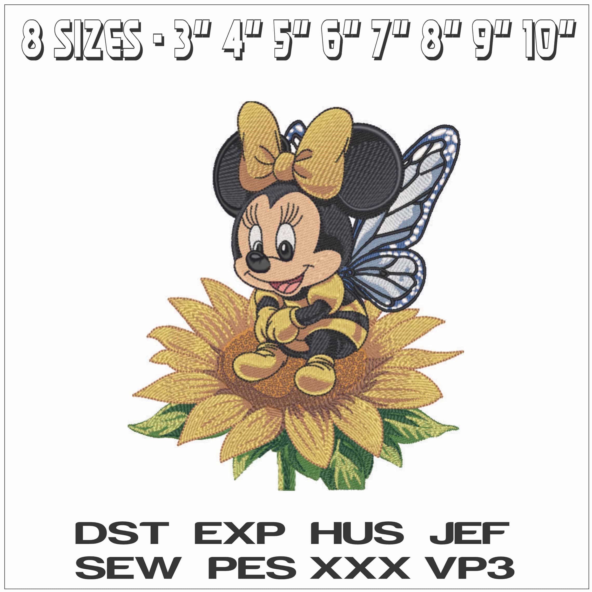 Baby Bee Minnie Mouse on Sun Flower - Elegant embroidery design file - instant download — view 2