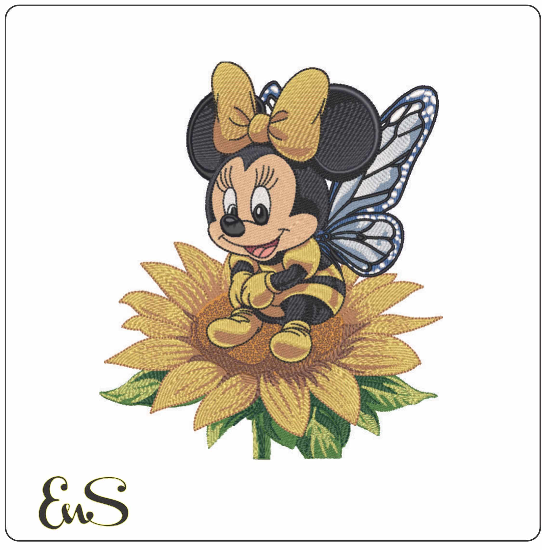 Baby Bee Minnie Mouse on Sun Flower - Elegant embroidery design file - instant download