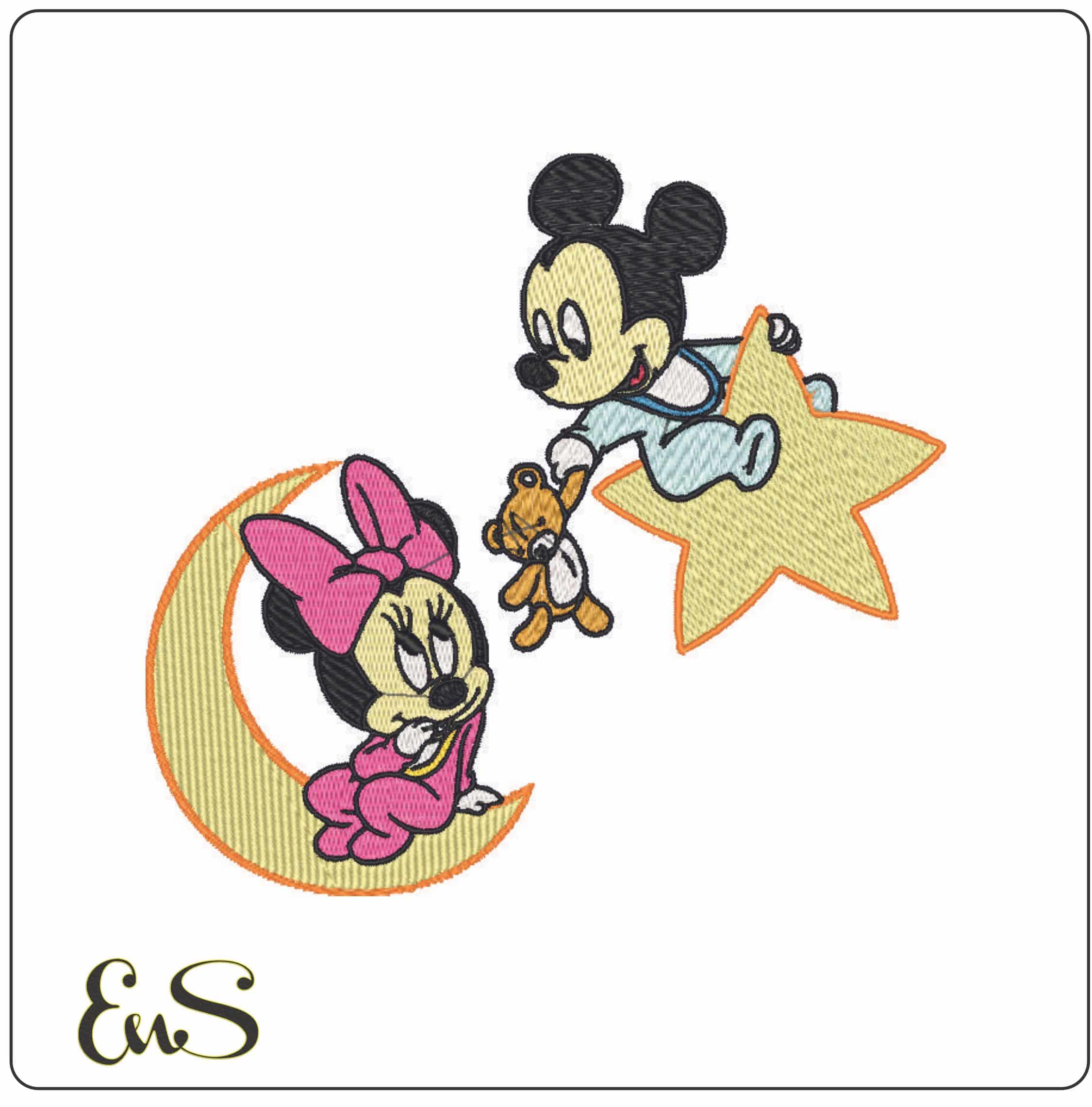 Baby Minnie Moon Mickey Star- Elegant embroidery design file - instant download