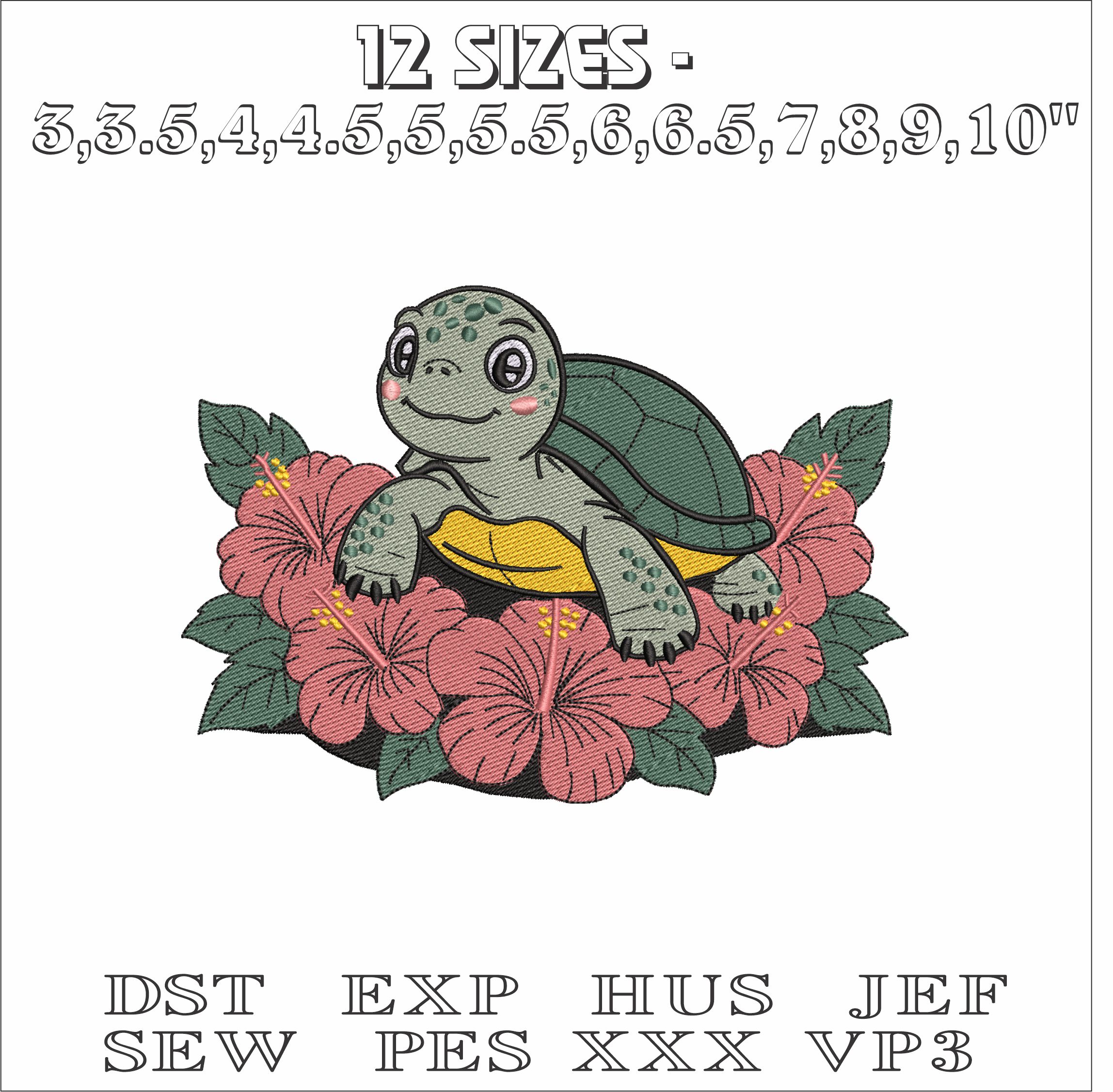 Baby turtle in the flowers - Elegant embroidery design file - instant download — view 2