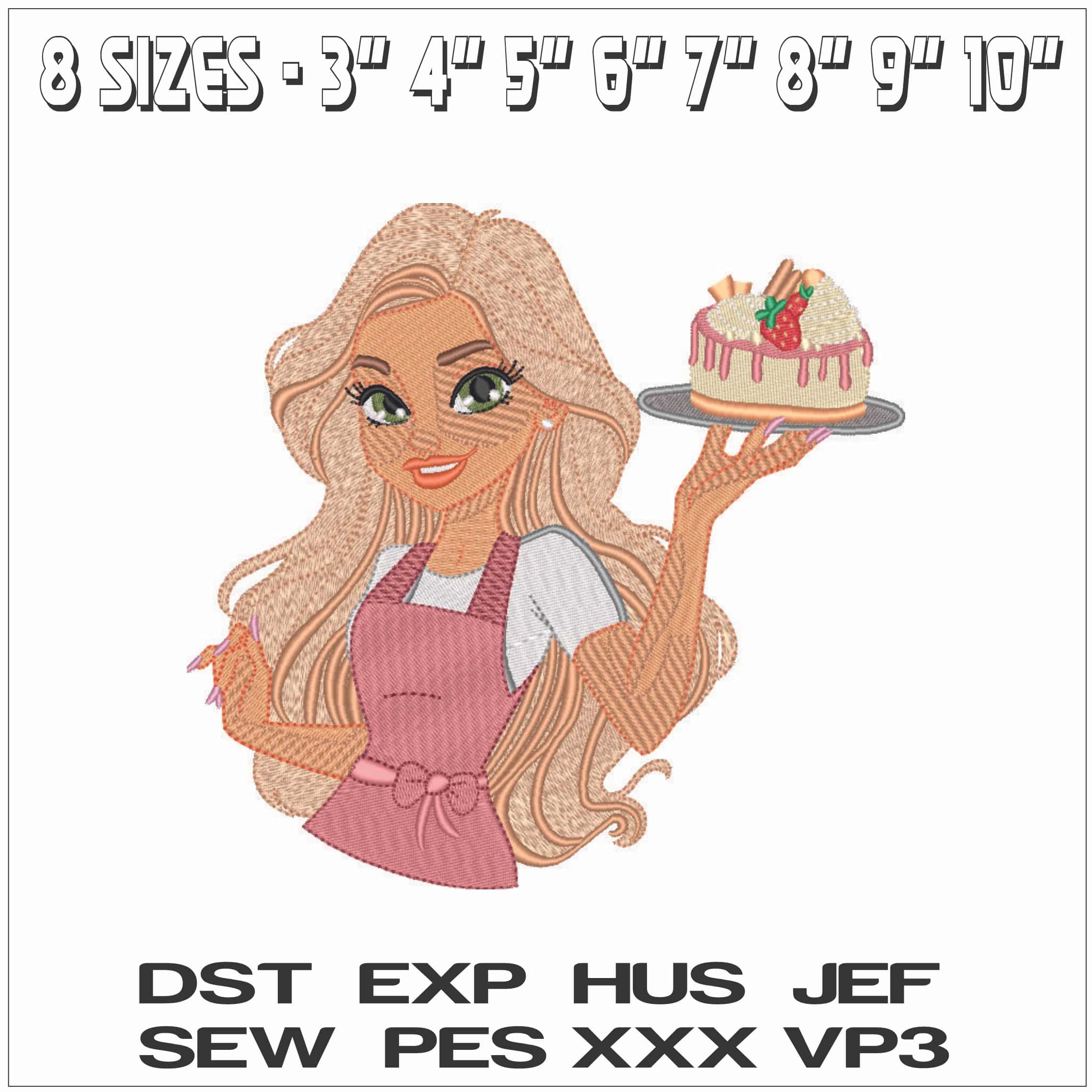 Bakery lady with Cake - Elegant embroidery design file - instant download — view 2
