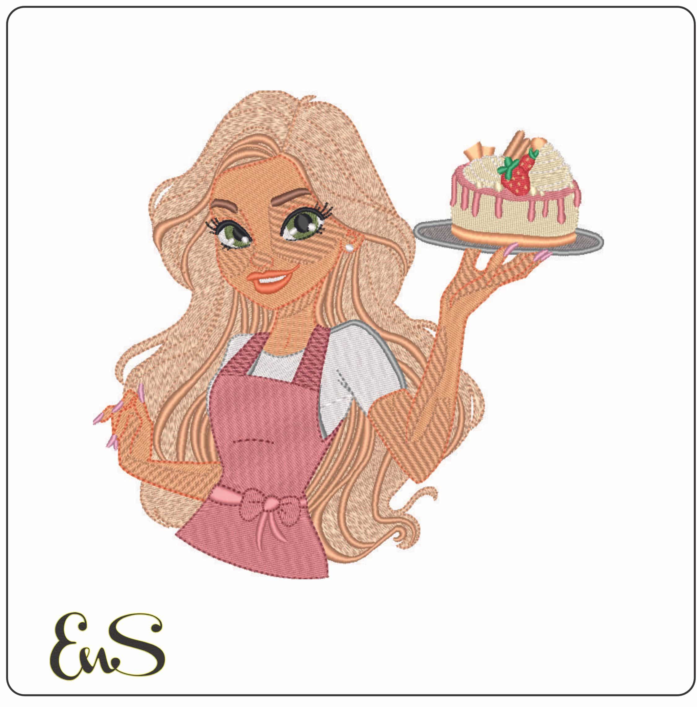 Bakery lady with Cake - Elegant embroidery design file - instant download